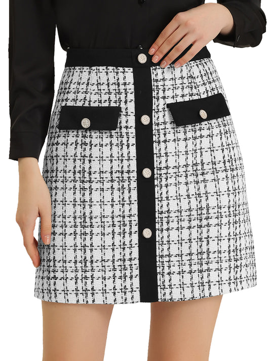 Minifalda de oficina elegante y ajustada con cintura alta y botones decorados de tweed para mujer
