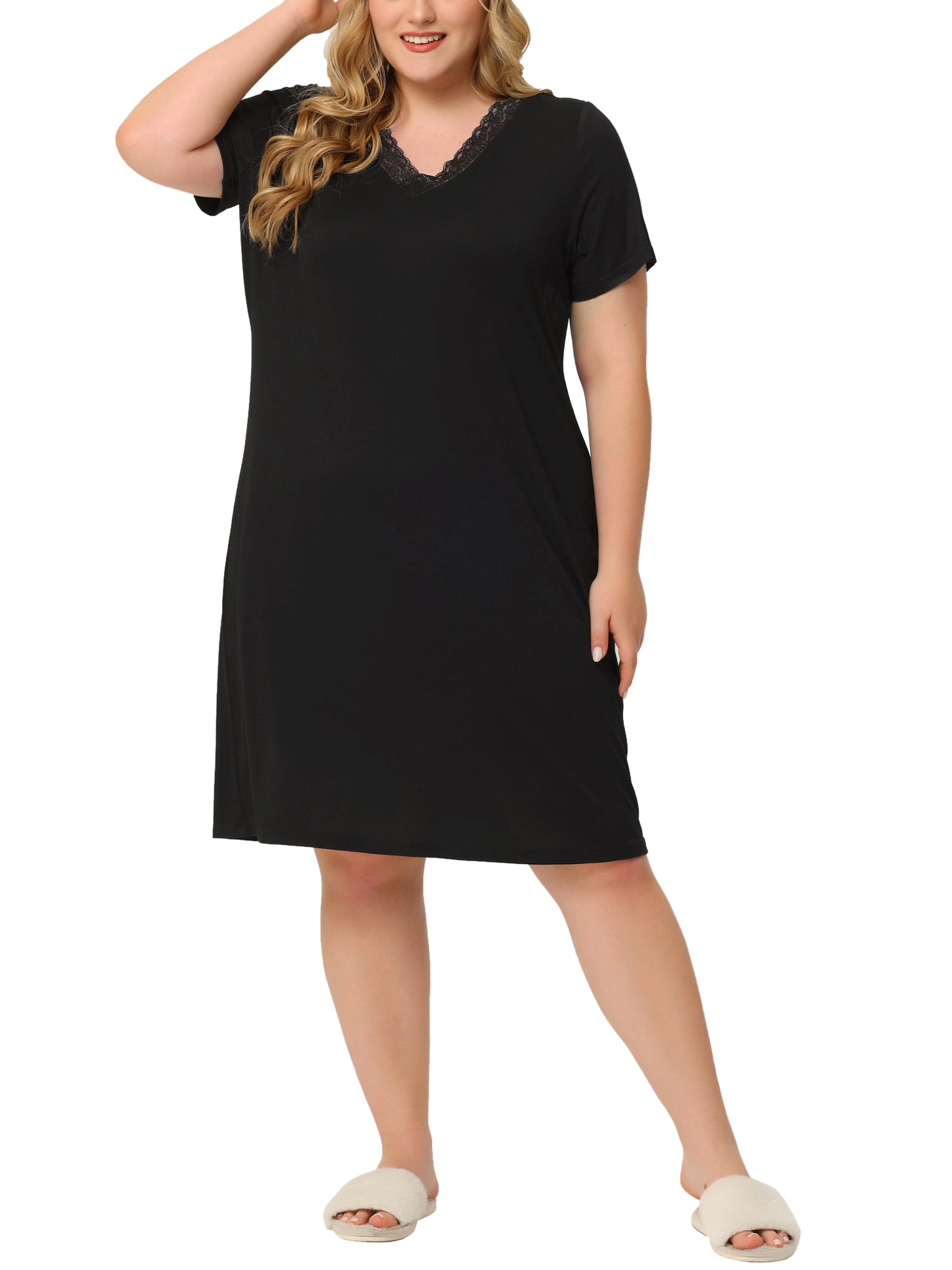 Women Plus Size Nightgowns Lace V Neck Short Sleeve Loungewear Sleepwear Dress
