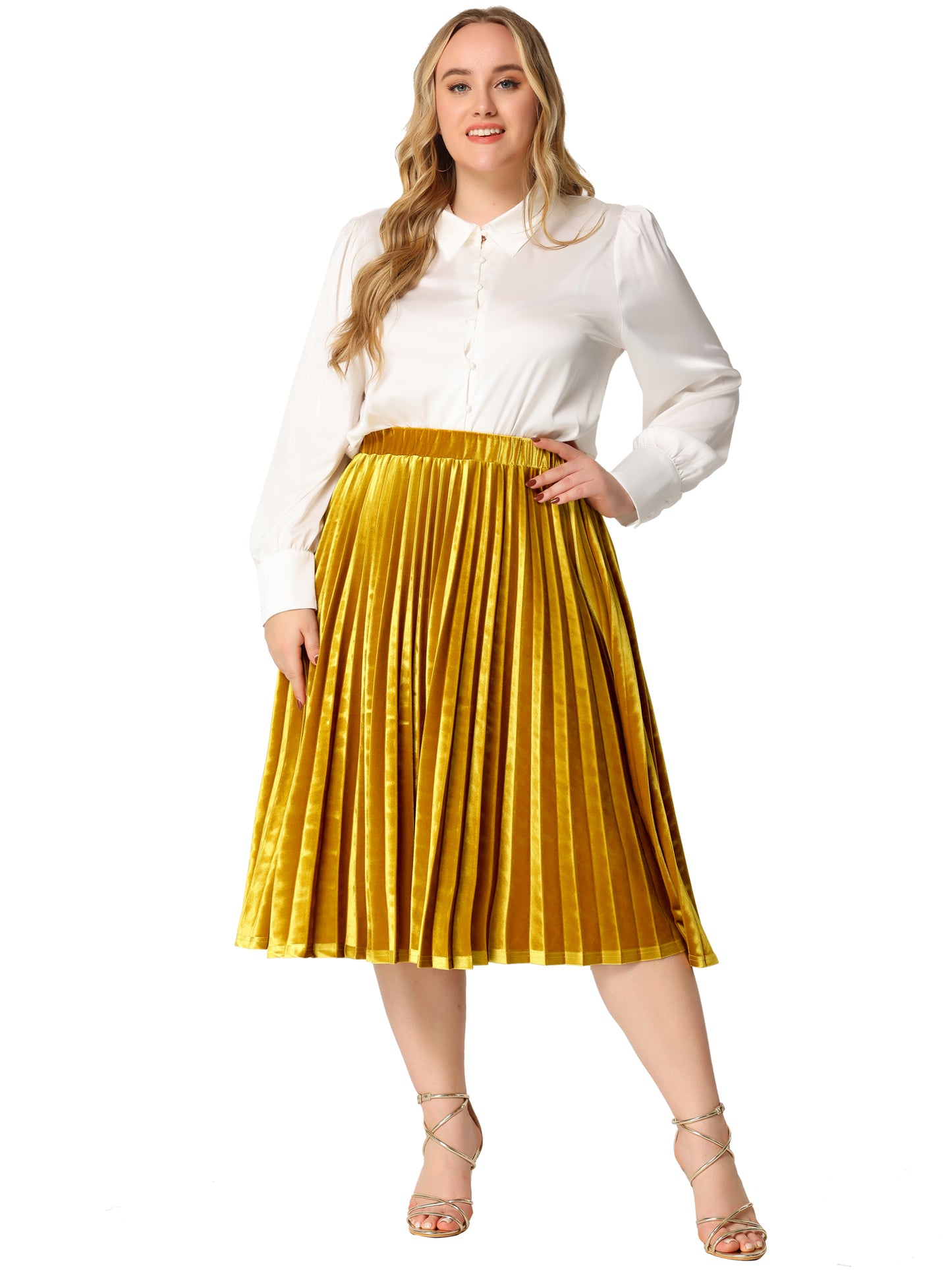 Falda plisada midi de terciopelo con cintura elástica y diseño de acordeón metálico para mujer, talla grande