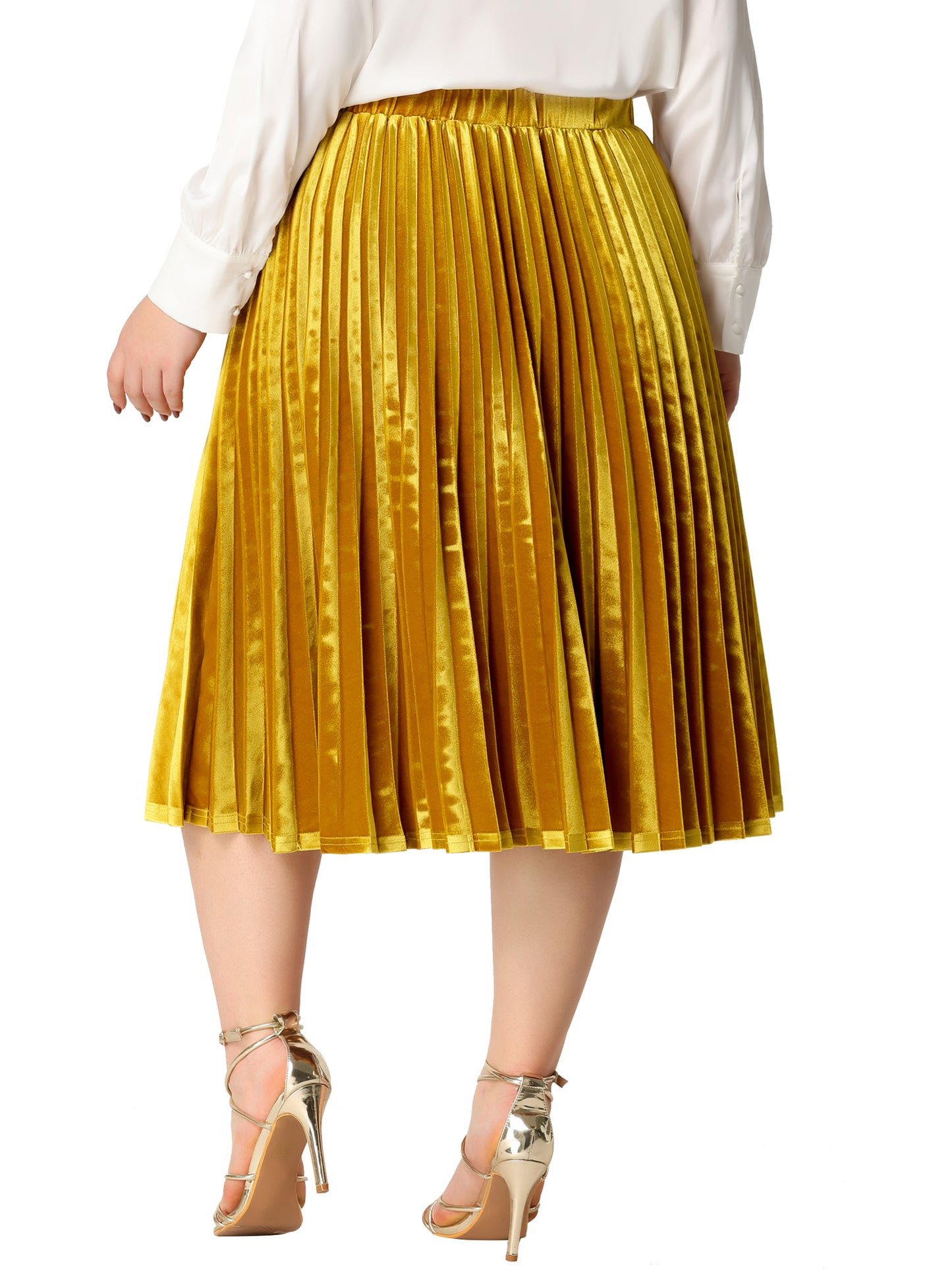 Falda plisada midi de terciopelo con cintura elástica y diseño de acordeón metálico para mujer, talla grande
