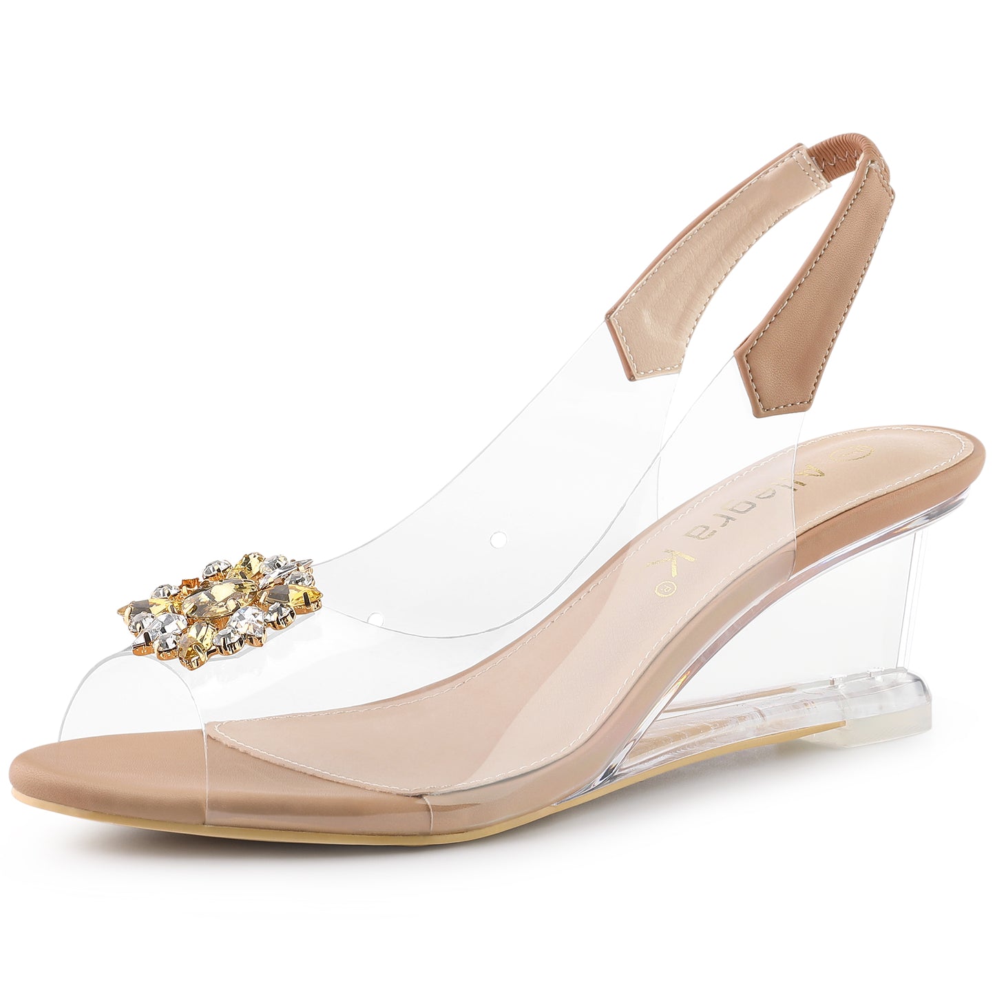 Sandalias de mujer con punta abierta, tacones de cuña transparentes y diamantes de imitación