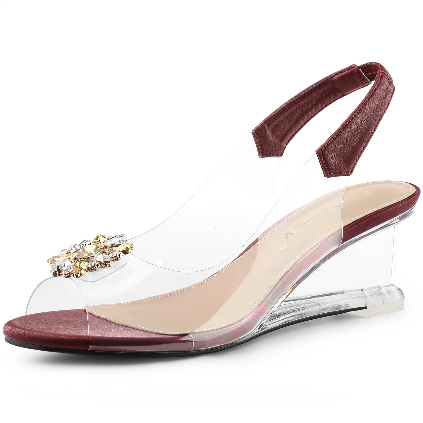 Sandalias de mujer con punta abierta, tacones de cuña transparentes y diamantes de imitación