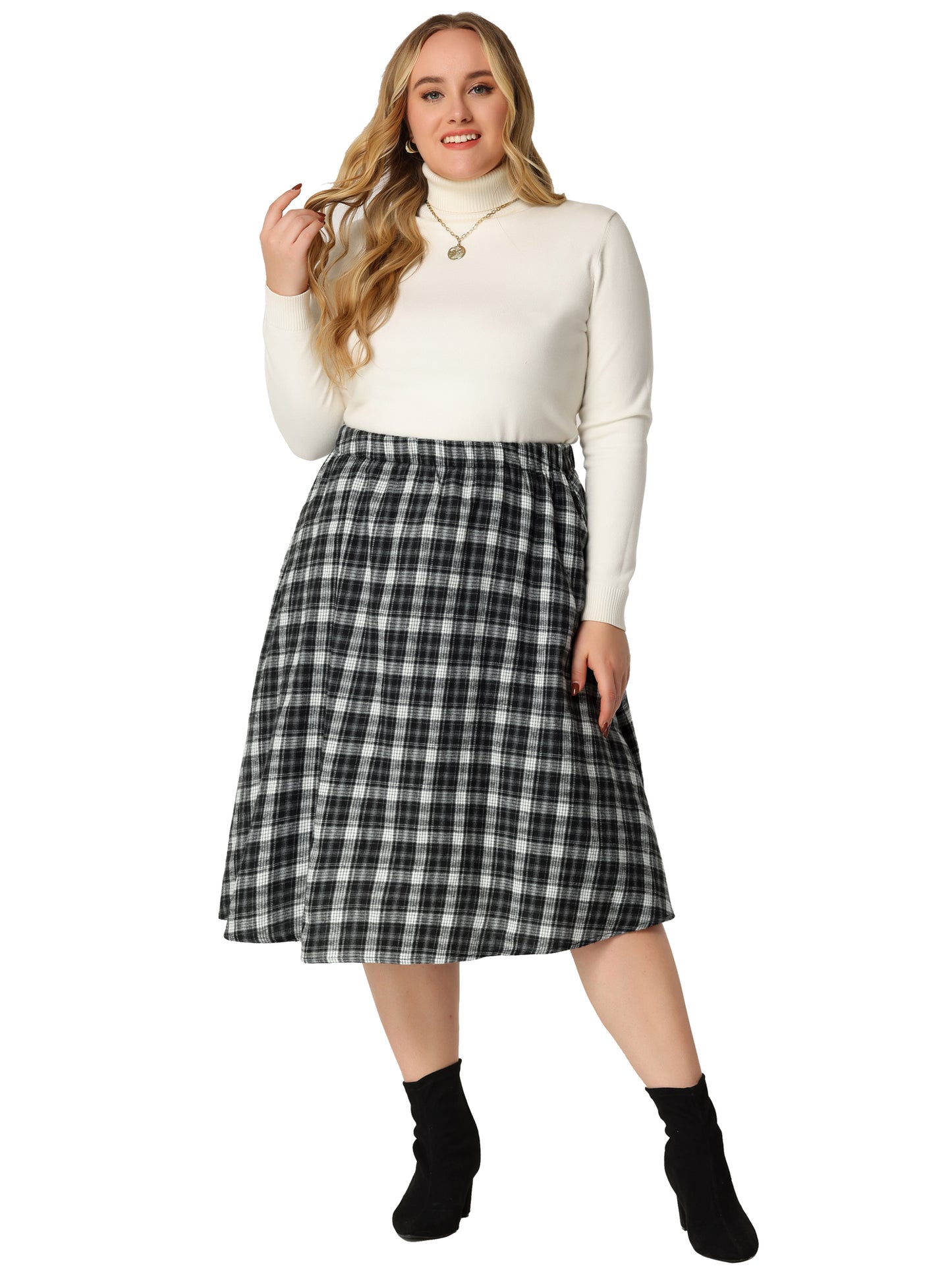 Women Plus Size Vintage Skirt A-line Plaid Printed Flare Elastic High Waist Midi Skirt