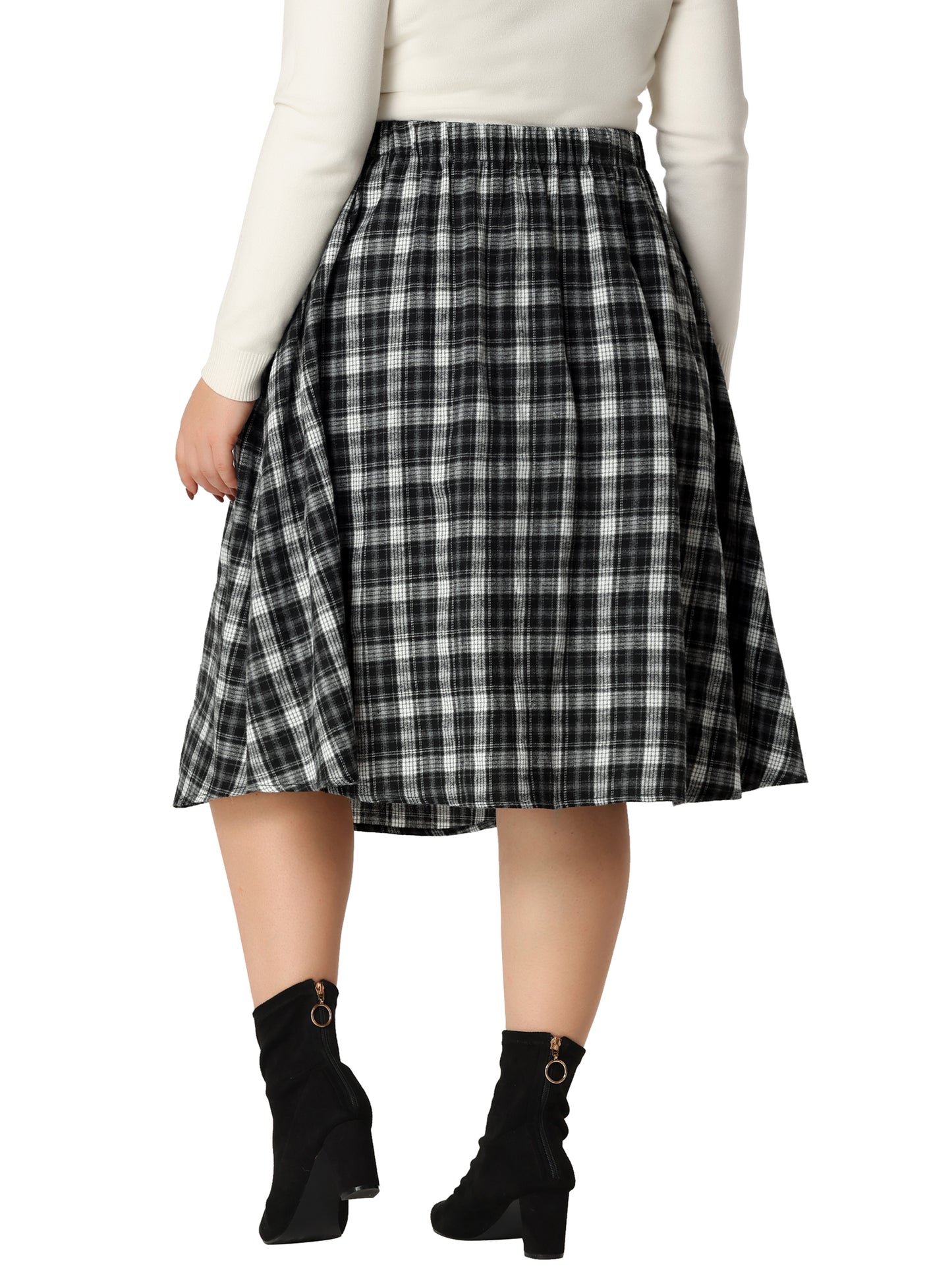 Women Plus Size Vintage Skirt A-line Plaid Printed Flare Elastic High Waist Midi Skirt