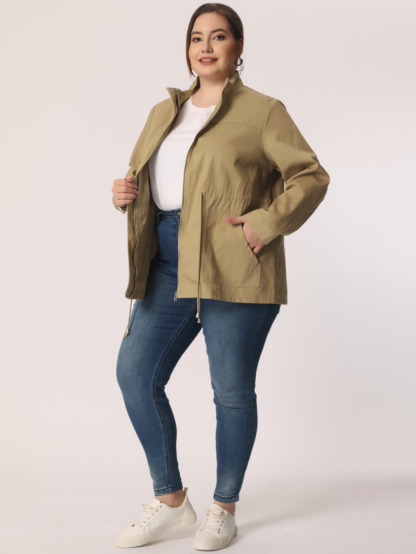 Women's Plus Size Jackets Lightweight Anorak Drawstring Utility Jacket with Pockets