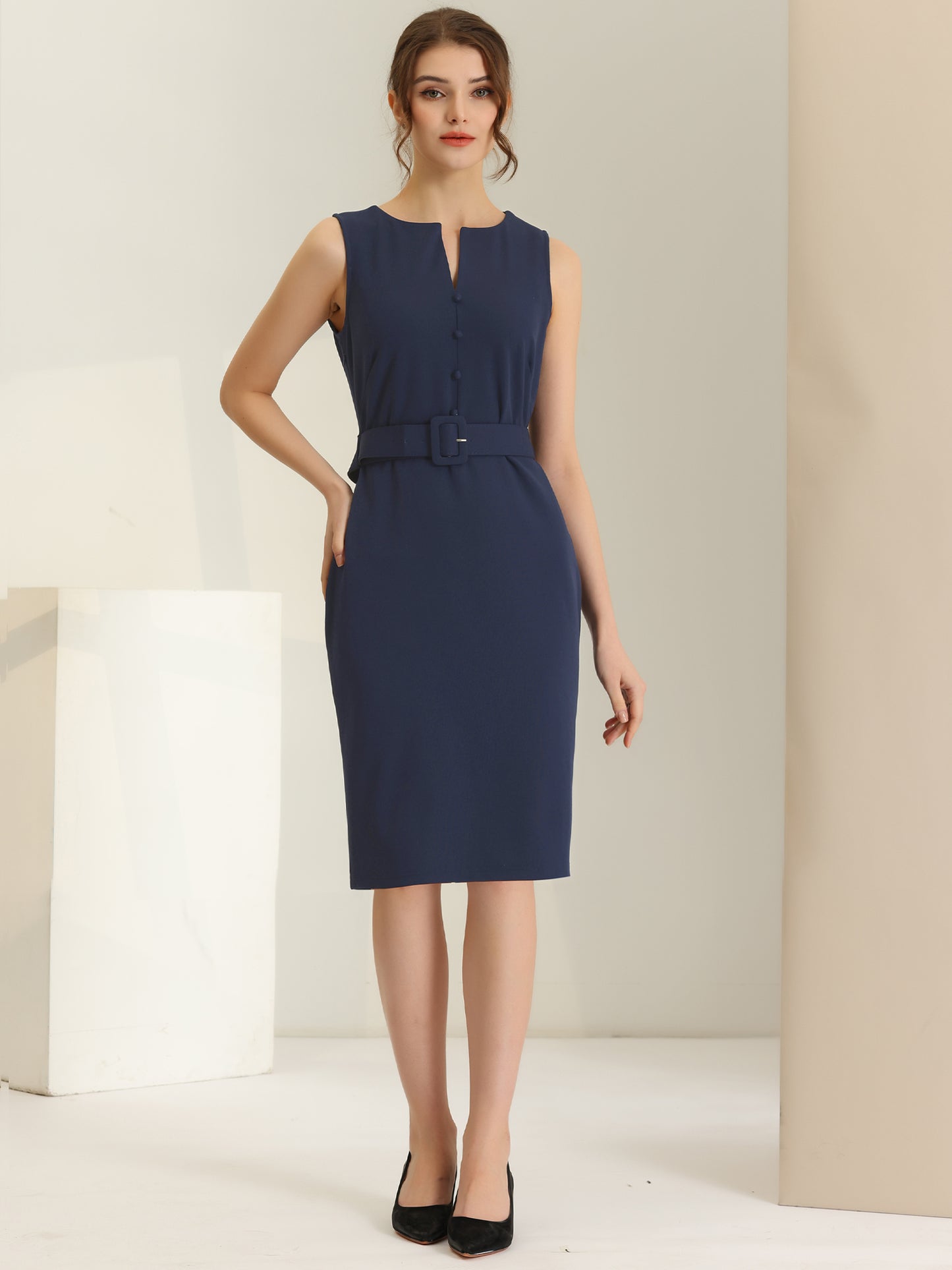 Women's Elegant Round Neck Belted Bodycon Pencil Dress Sleeveless Work Sheath Dress