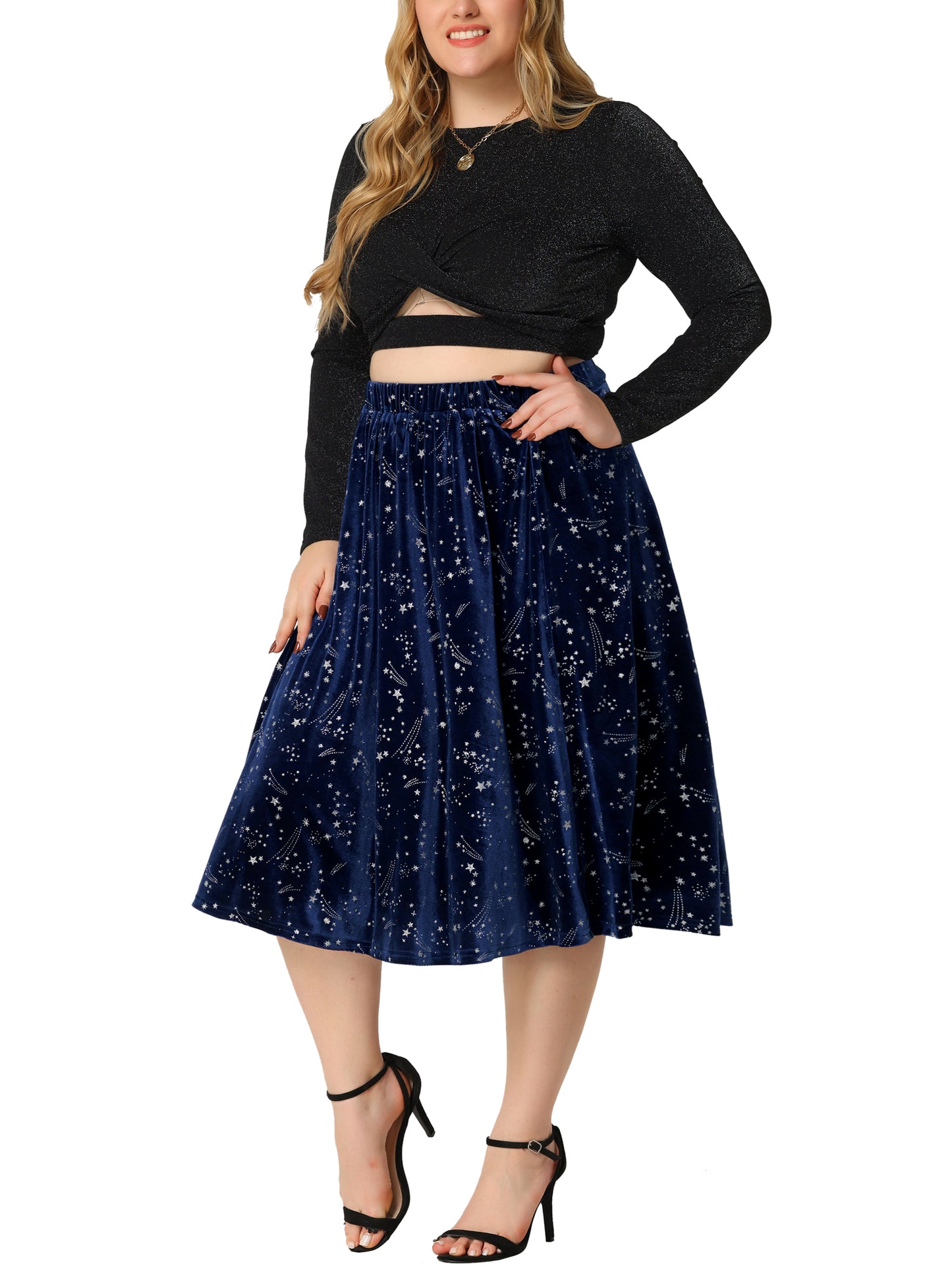 Faldas de terciopelo de talla grande para mujer, elegantes, hasta la rodilla, con lentejuelas y vuelo