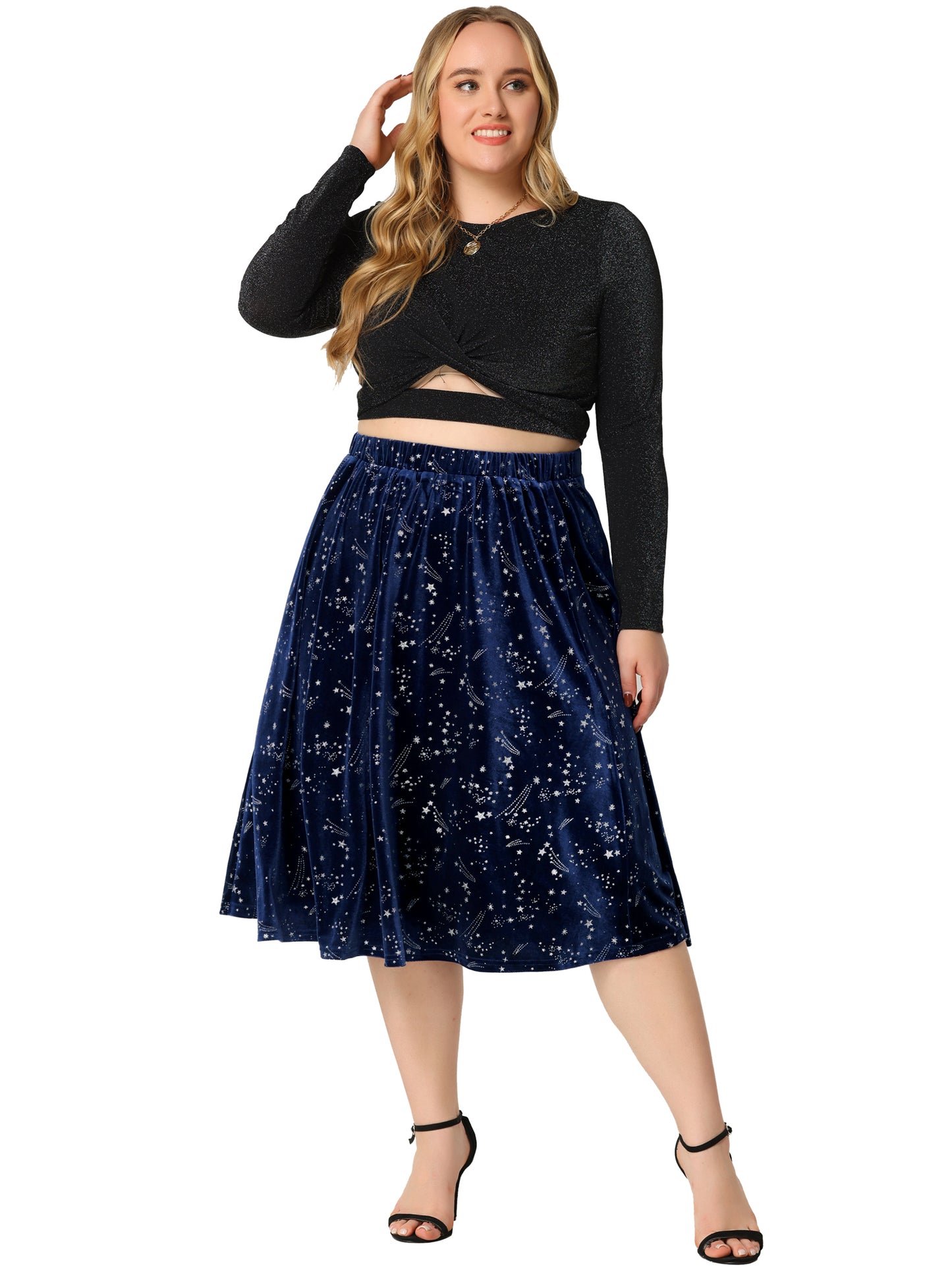 Faldas de terciopelo de talla grande para mujer, elegantes, hasta la rodilla, con lentejuelas y vuelo