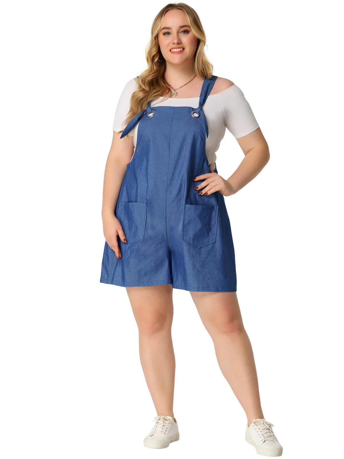 Women's Plus Size Sleeveless Square Neck Tie Shoulder Romper Shorts