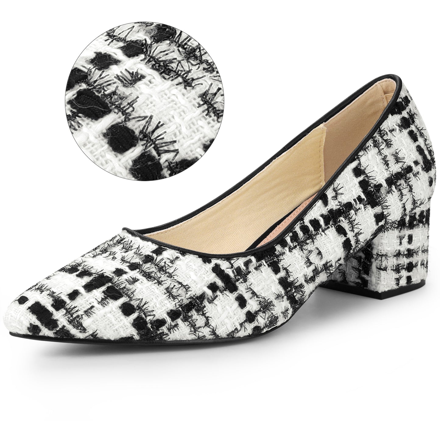 Women's Pointy Toe Tweed Plaid Knitted Printing Chunky Heels Pumps