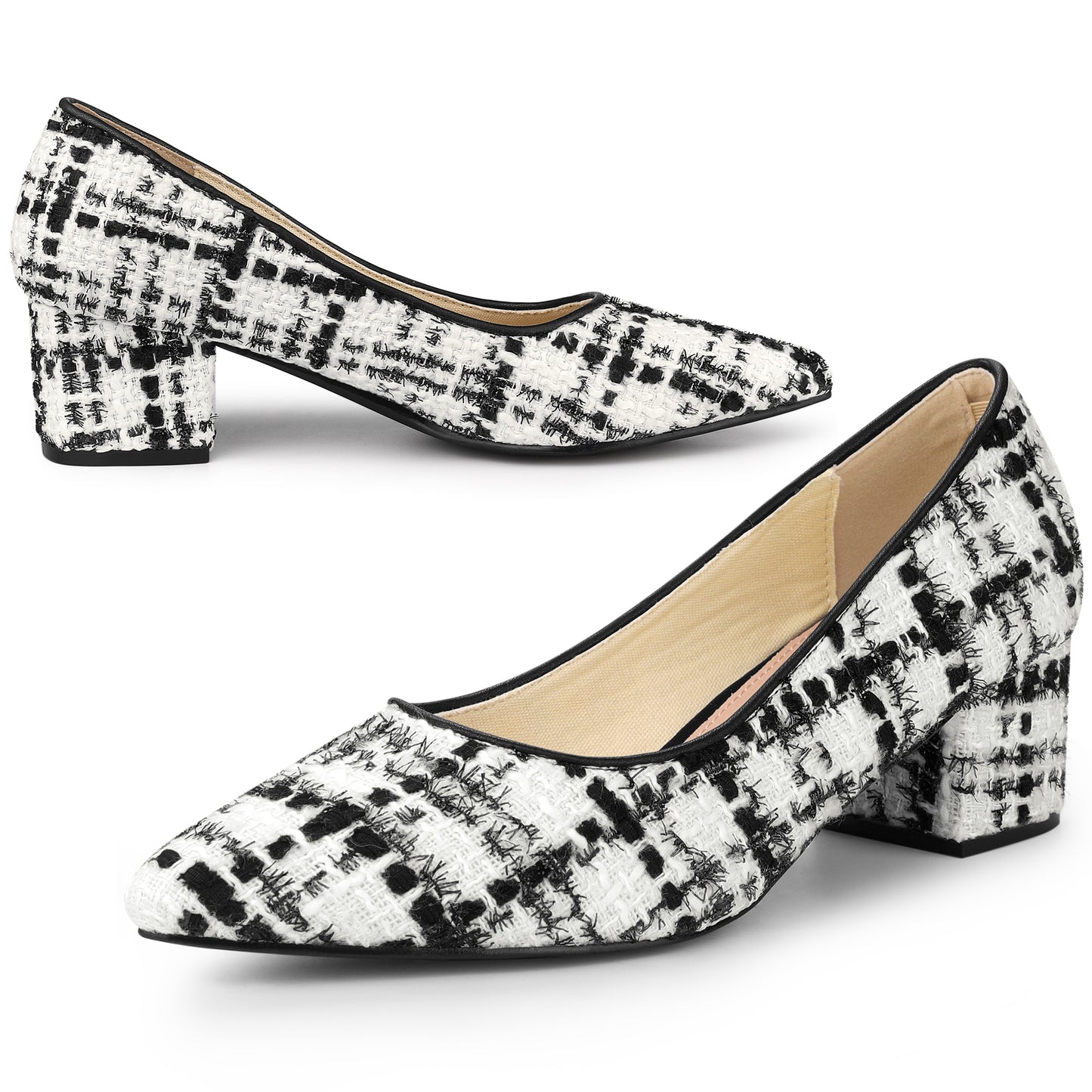 Women's Pointy Toe Tweed Plaid Knitted Printing Chunky Heels Pumps