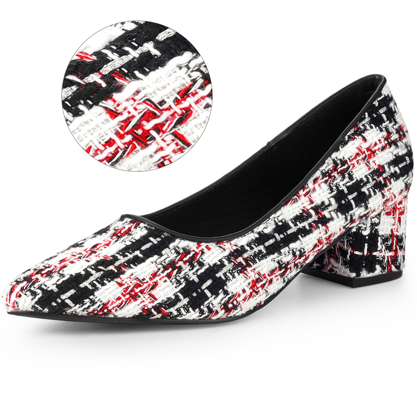 Zapatos de tacón grueso con estampado de cuadros de tweed y punta puntiaguda para mujer