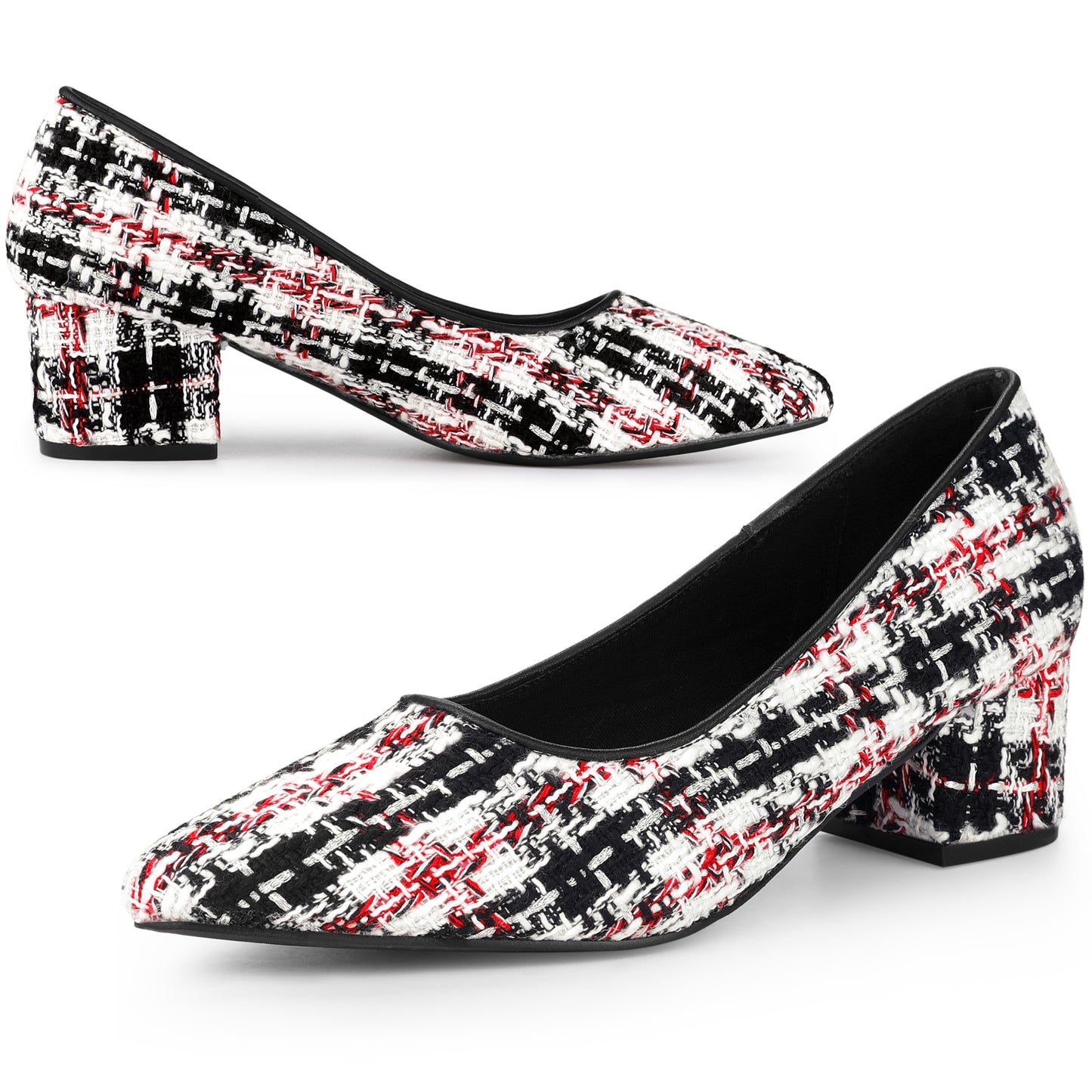 Zapatos de tacón grueso con estampado de cuadros de tweed y punta puntiaguda para mujer