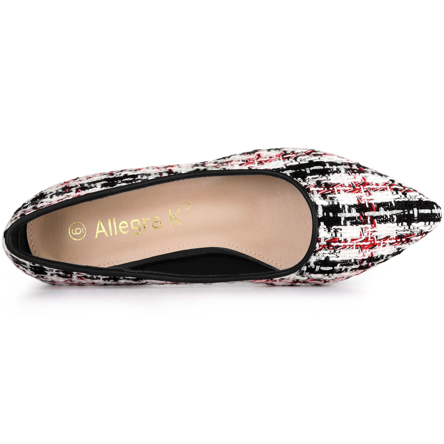 Zapatos de tacón grueso con estampado de cuadros de tweed y punta puntiaguda para mujer