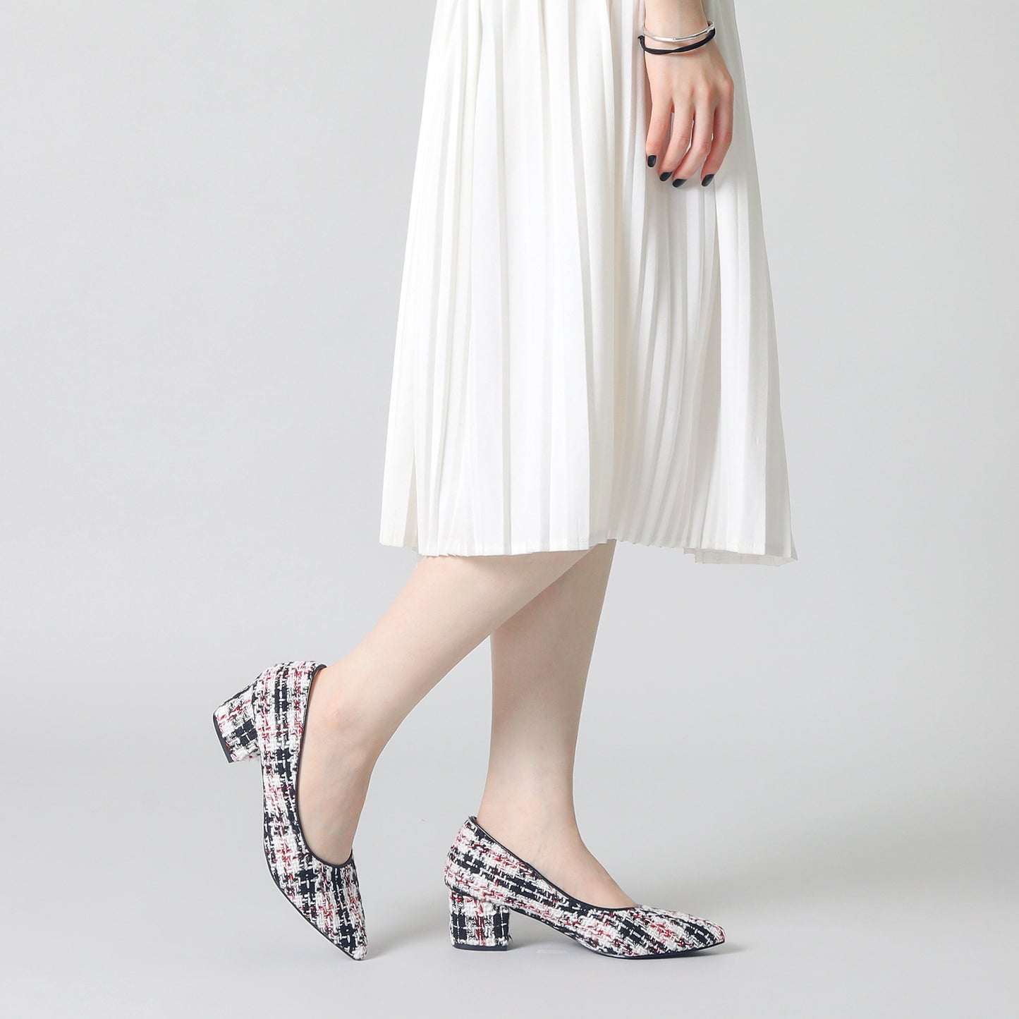 Zapatos de tacón grueso con estampado de cuadros de tweed y punta puntiaguda para mujer