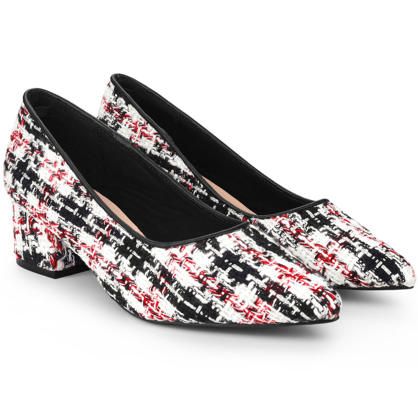 Zapatos de tacón grueso con estampado de cuadros de tweed y punta puntiaguda para mujer