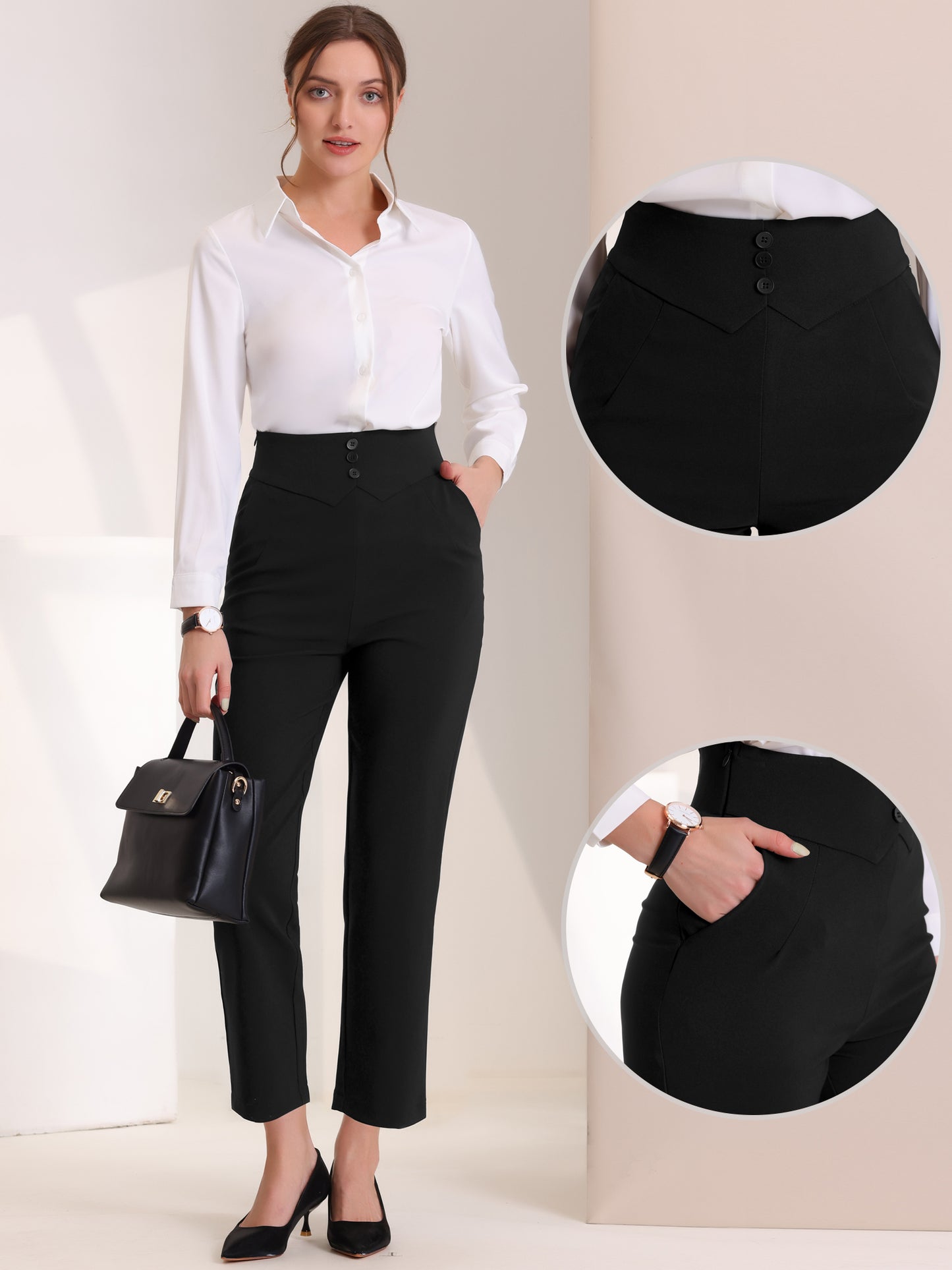 Women's Elegant Business Pants Elastic Waist Button Decor Straight Leg Work Trousers