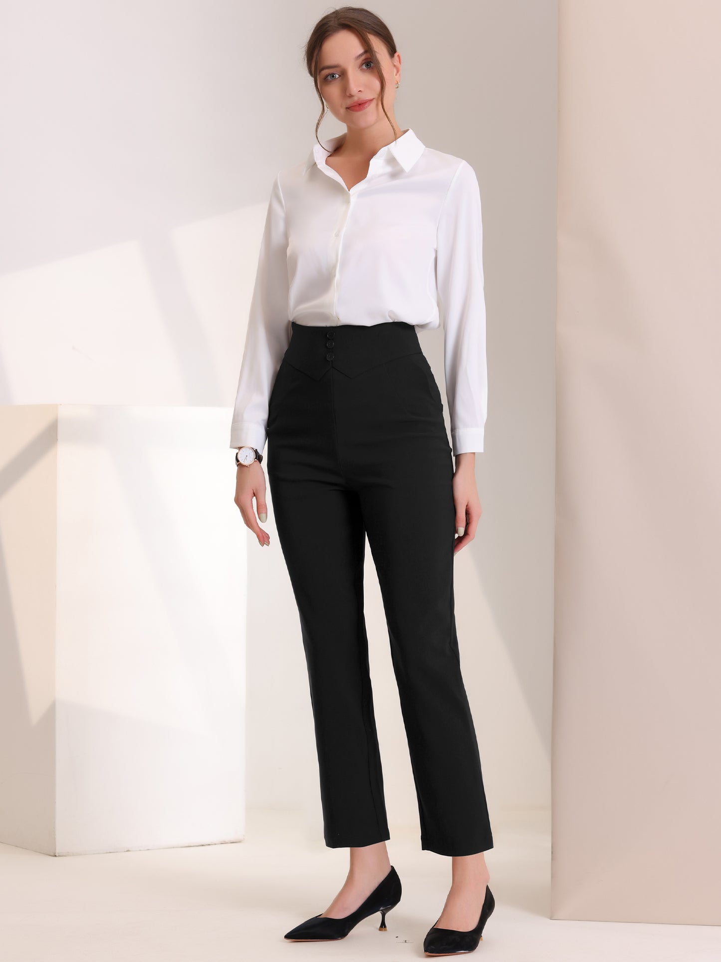 Women's Elegant Business Pants Elastic Waist Button Decor Straight Leg Work Trousers