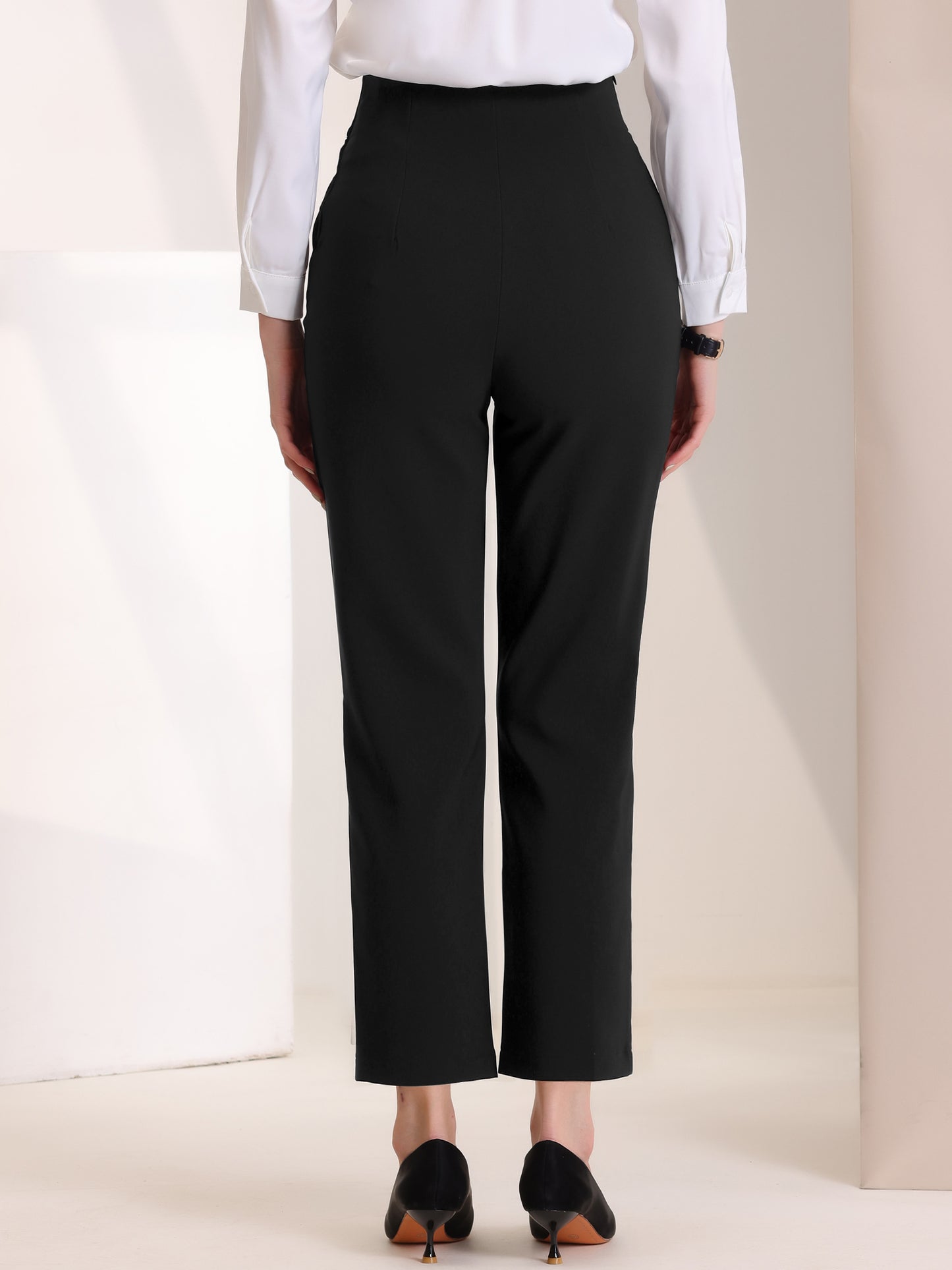 Women's Elegant Business Pants Elastic Waist Button Decor Straight Leg Work Trousers