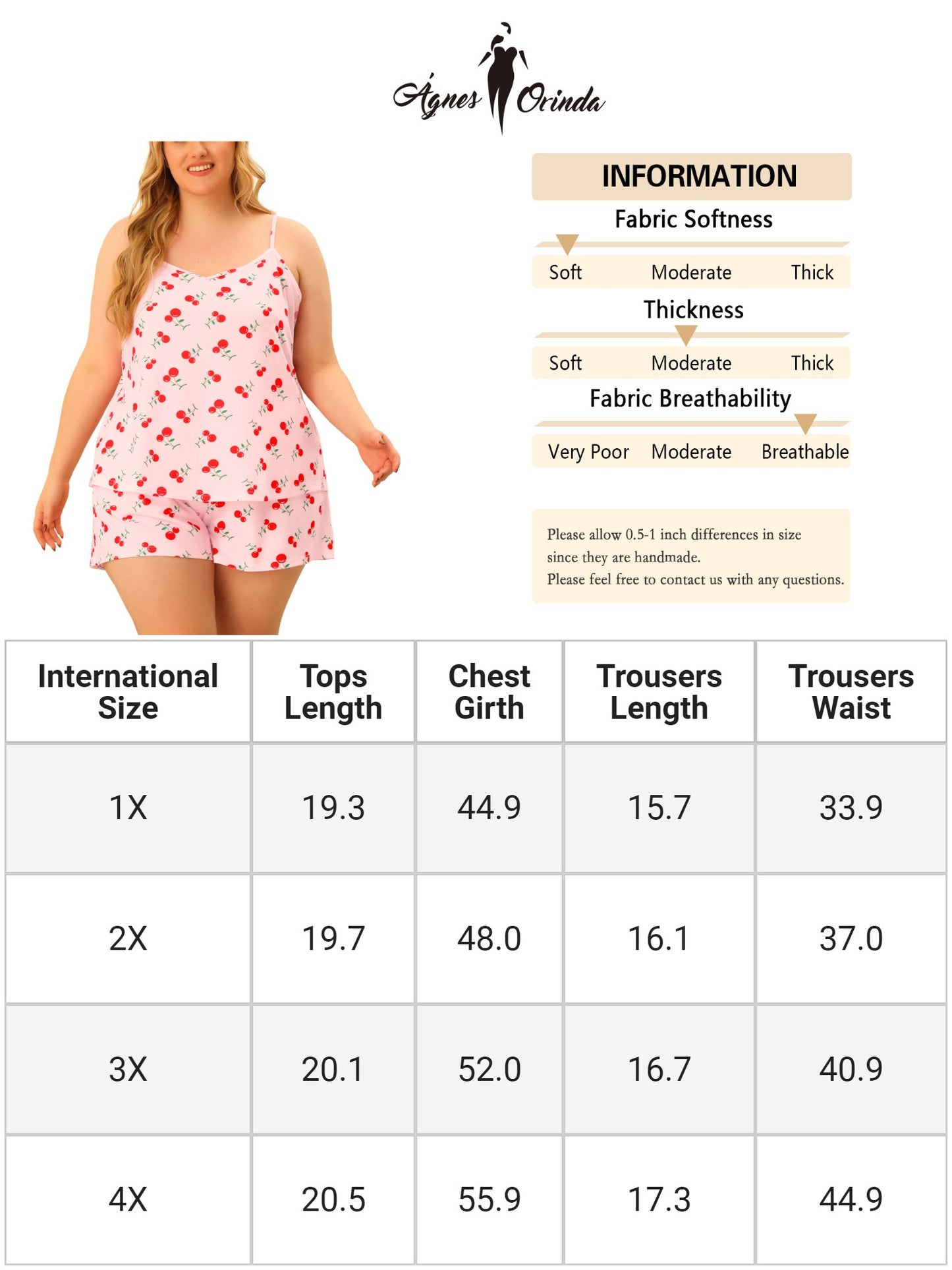 Women Plus Size Nightgown Summer Cherry Print Cami Top and Shorts Sleepwear Pajama Set