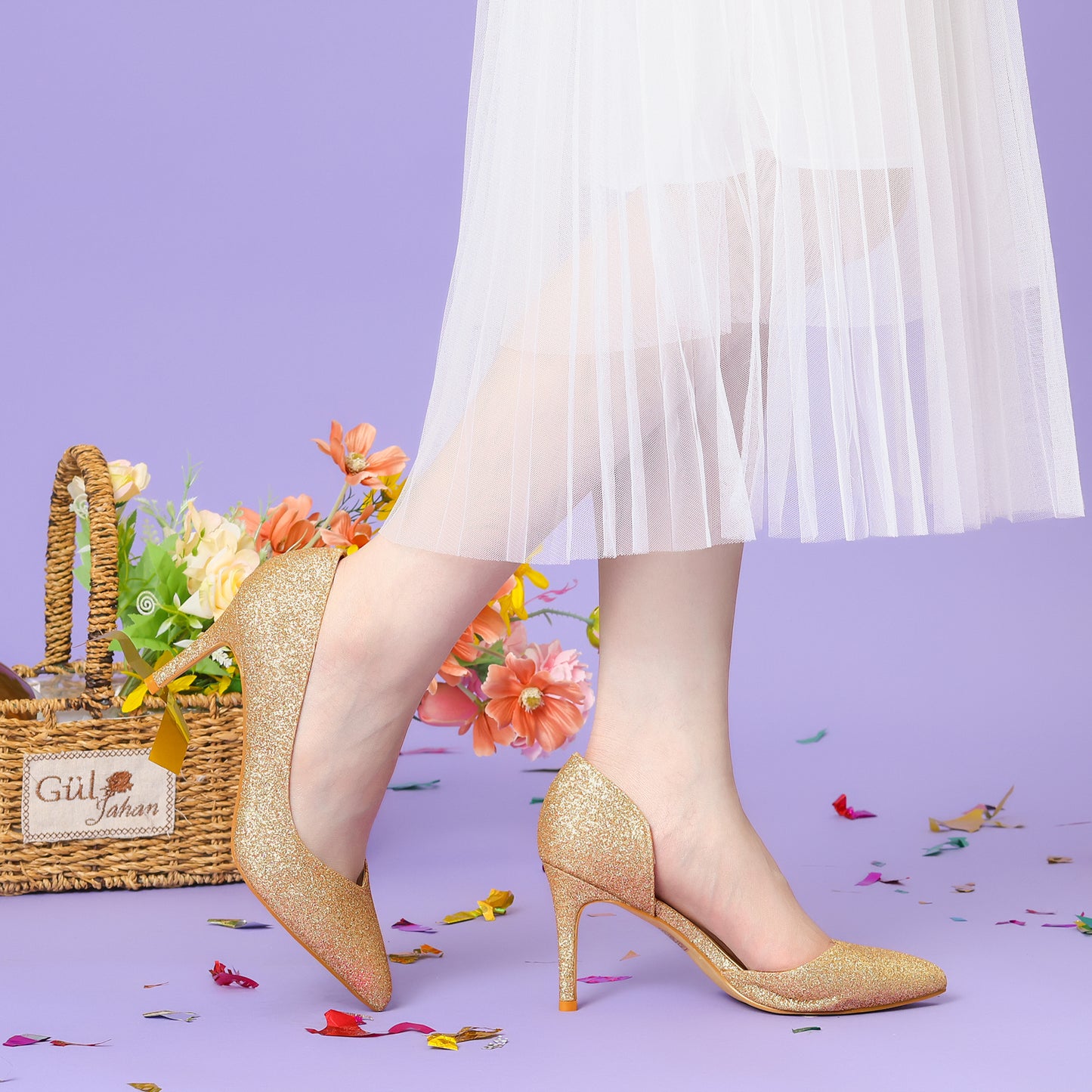 Zapatos de tacón de aguja con punta puntiaguda y purpurina para mujer