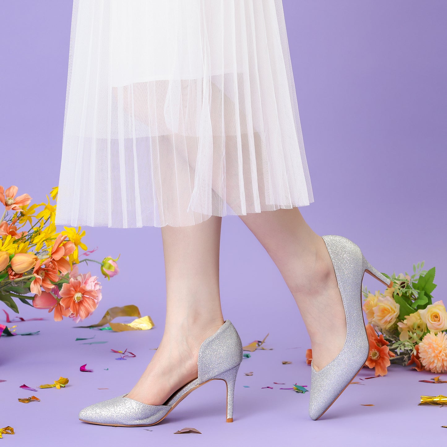 Zapatos de tacón de aguja con punta puntiaguda y purpurina para mujer