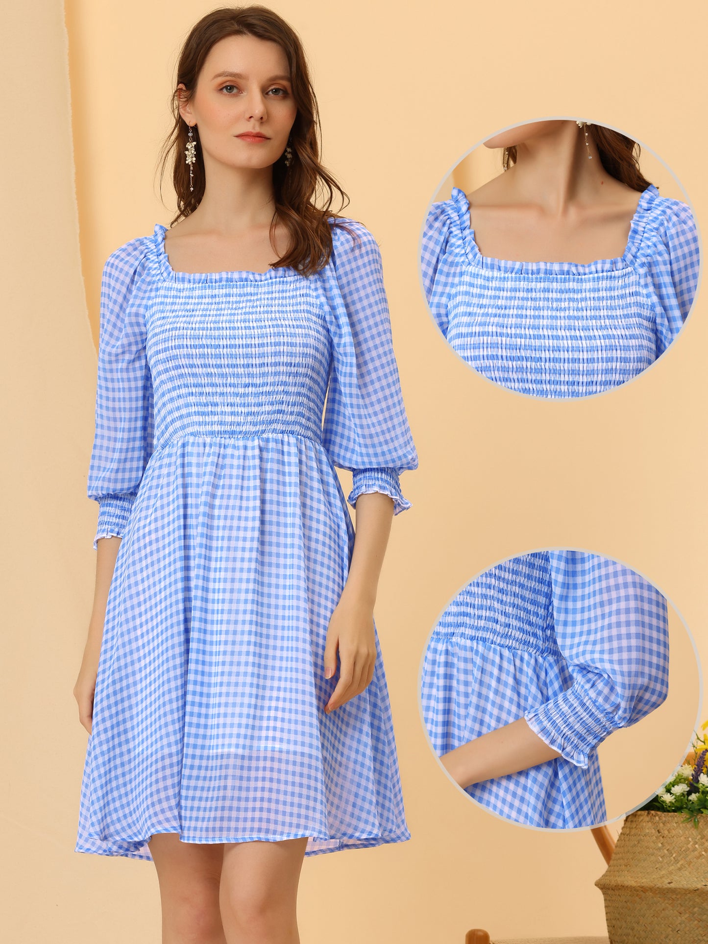 Women's Square Neck 3/4 Sleeve Ruffle Smocked Plaid Above Knee Dress