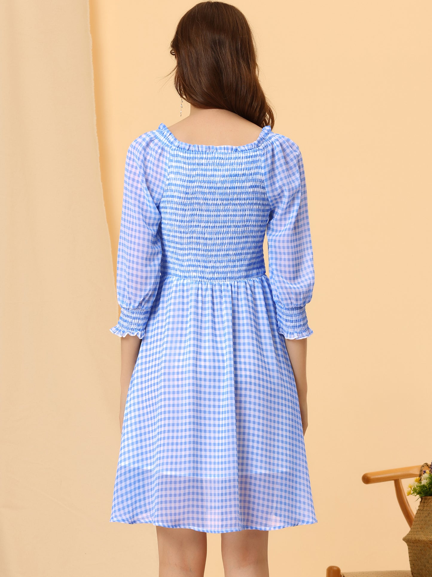 Women's Square Neck 3/4 Sleeve Ruffle Smocked Plaid Above Knee Dress