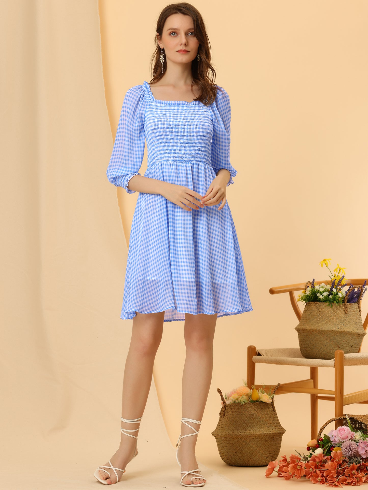 Women's Square Neck 3/4 Sleeve Ruffle Smocked Plaid Above Knee Dress