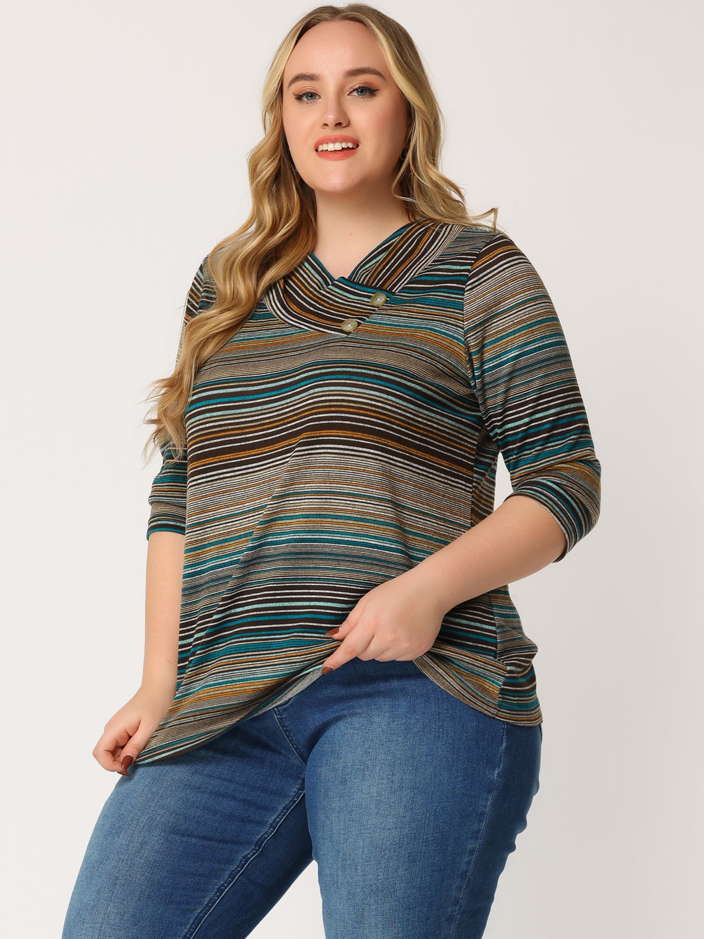 Women Plus Size Top 3/4 Sleeve Knit Striped Boho Asymmetric Neck T-Shirt Blouse