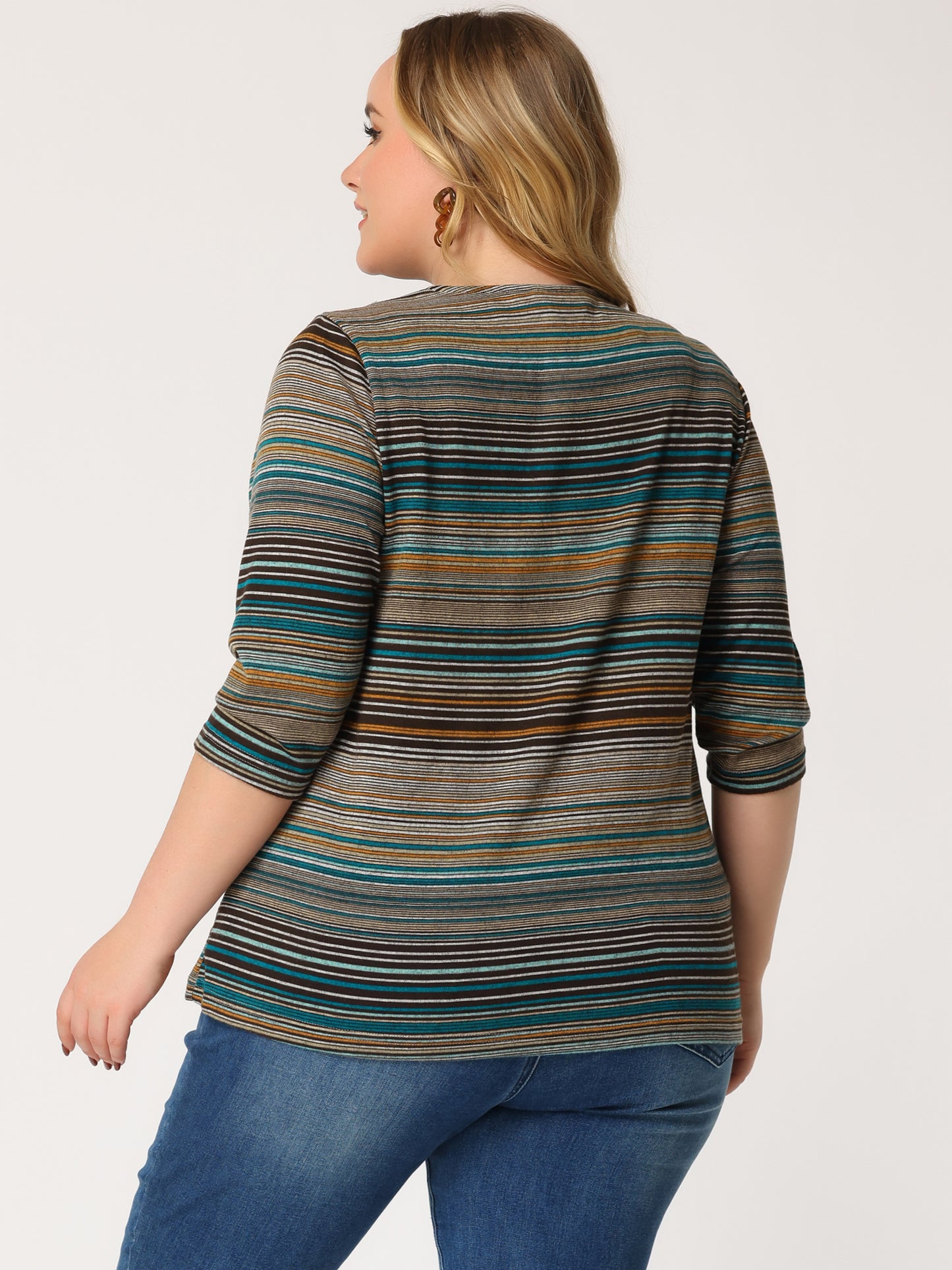 Women Plus Size Top 3/4 Sleeve Knit Striped Boho Asymmetric Neck T-Shirt Blouse