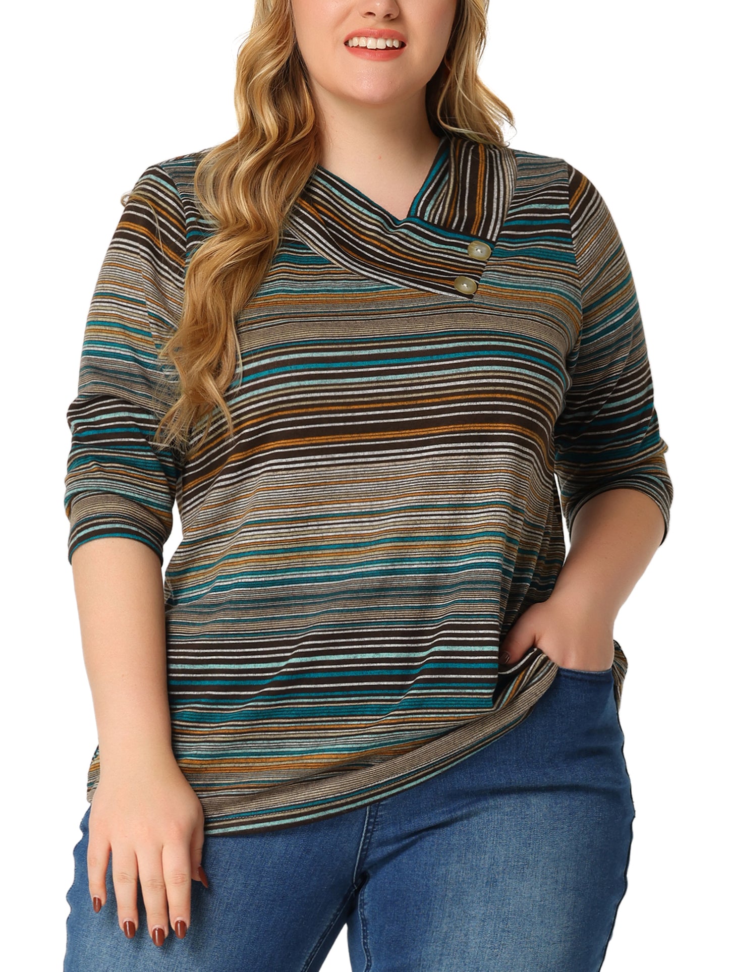 Women Plus Size Top 3/4 Sleeve Knit Striped Boho Asymmetric Neck T-Shirt Blouse