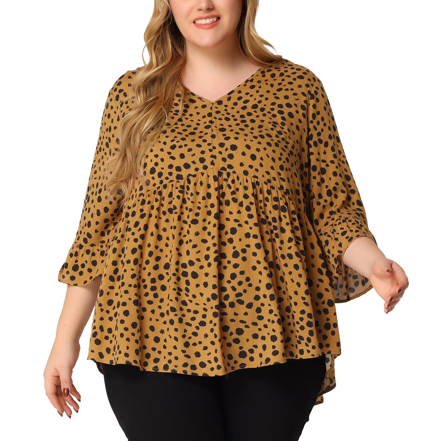 Women Plus Size Polka Dots Blouses V Neck 3/4 Ruffle Sleeve Peplum Top