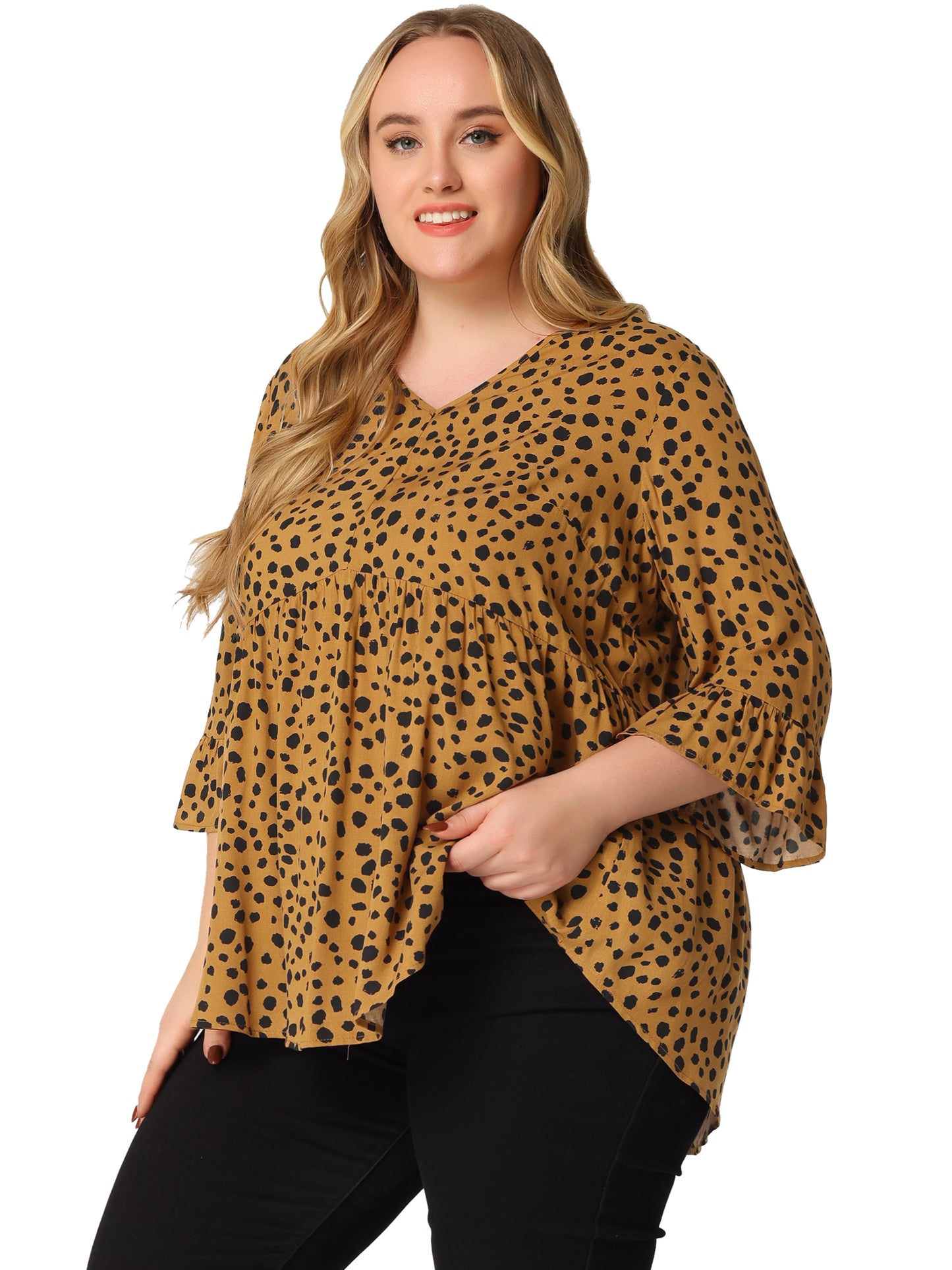 Women Plus Size Polka Dots Blouses V Neck 3/4 Ruffle Sleeve Peplum Top
