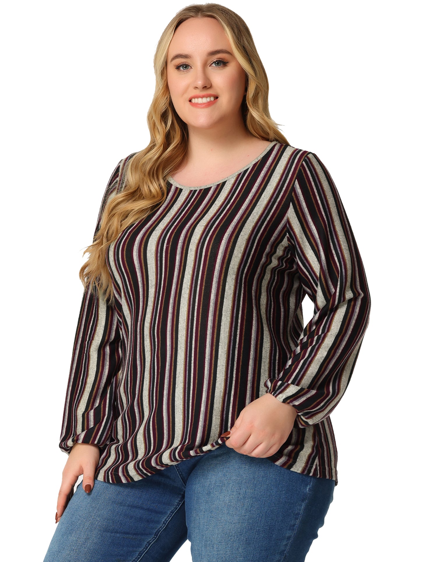 Women Plus Size Boho Color Block Elastic Cuff Long Sleeve Striped Top