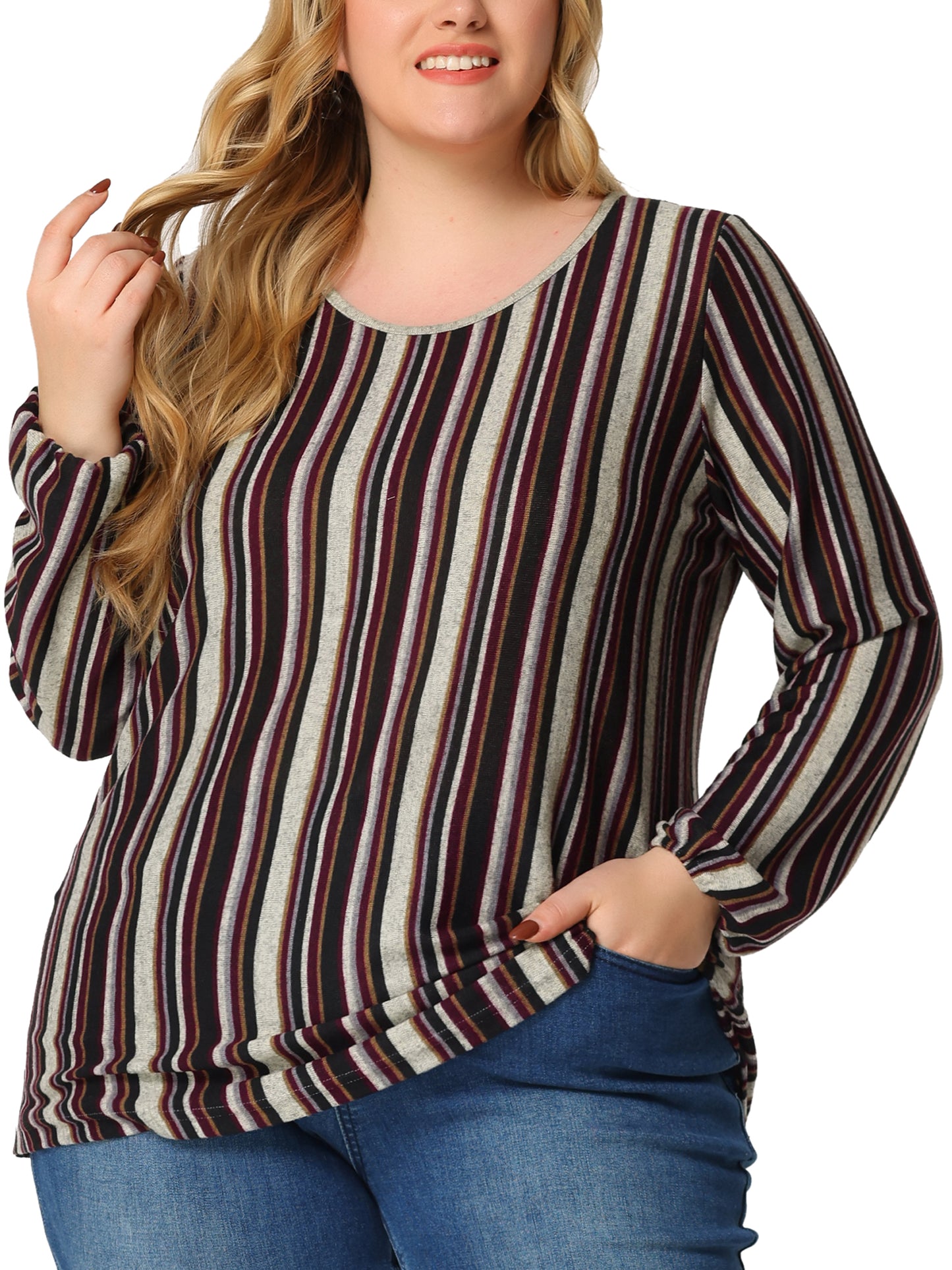 Women Plus Size Boho Color Block Elastic Cuff Long Sleeve Striped Top