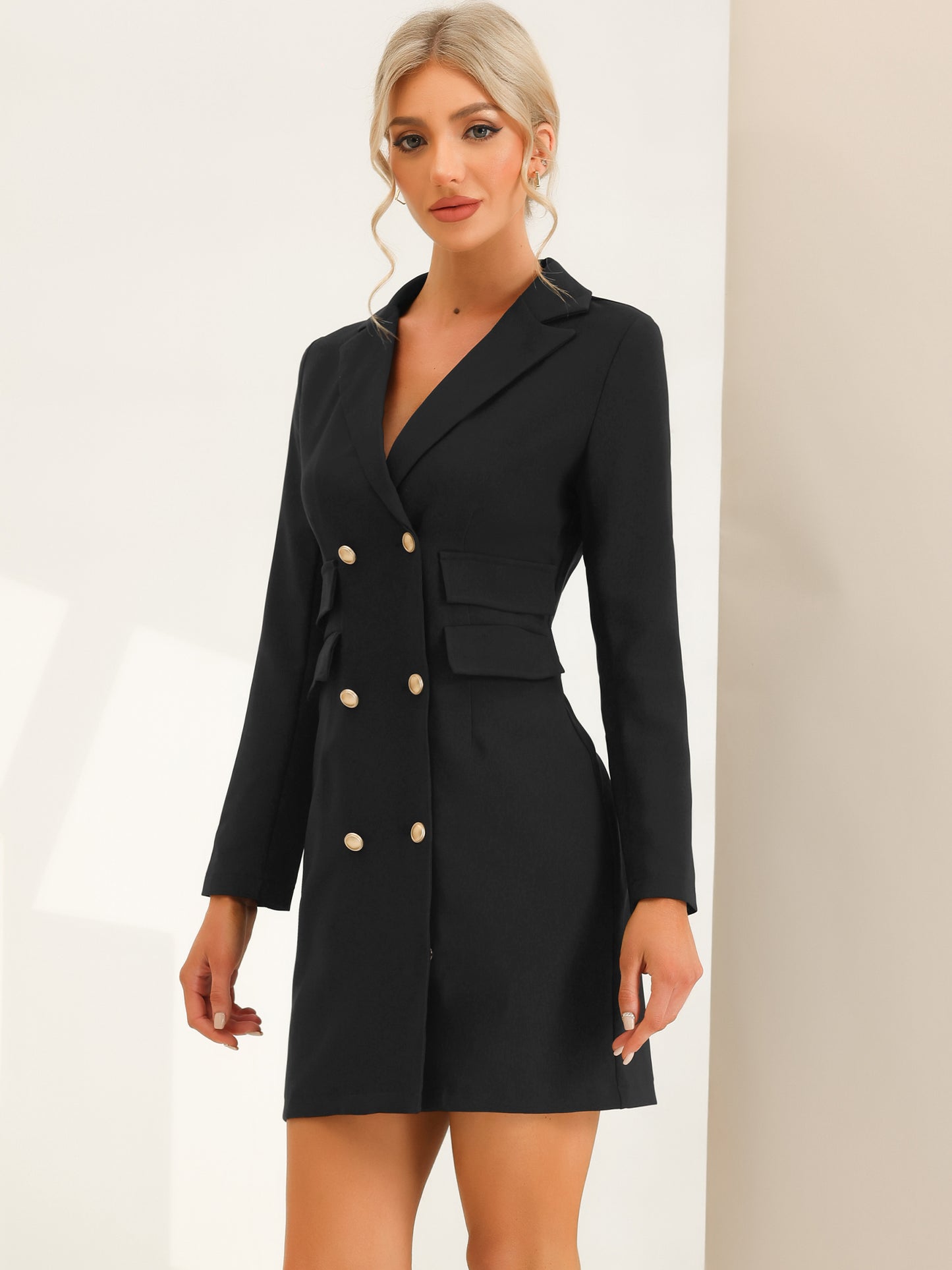 Women's Blazer Dress Button Down V Neck Elegant Office Long Sleeve Work Dress with Pockets