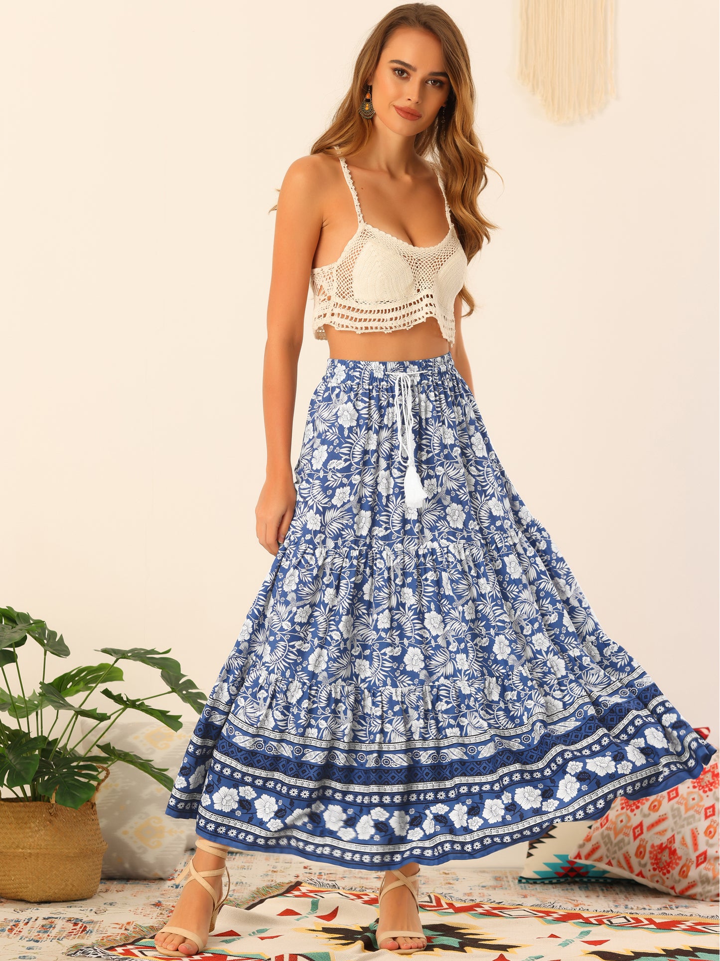 Women's Boho Skirt Summer Floral Bohemian Tassels Elastic Waist Maxi Skirt