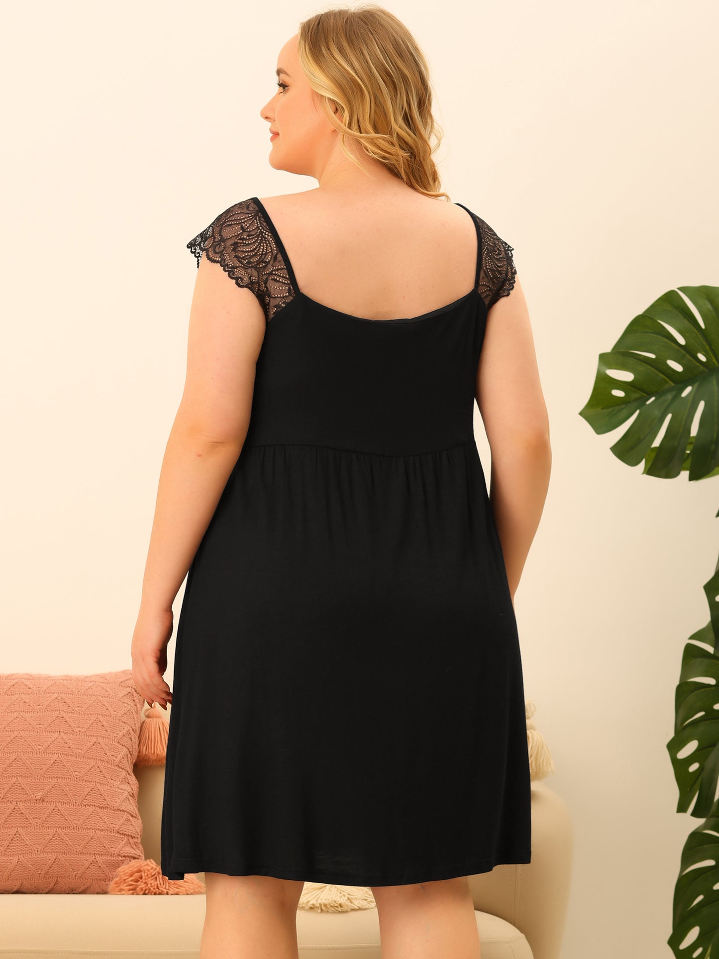 Women Plus Size Lace Cap Sleeve Sleep Dress V Neck Nightwear Loungewear Sleep Dress