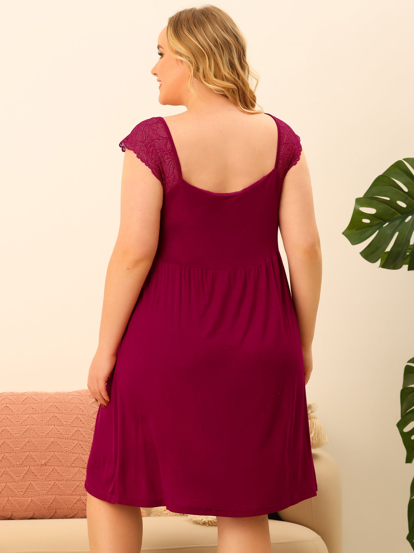 Women Plus Size Lace Cap Sleeve Sleep Dress V Neck Nightwear Loungewear Sleep Dress