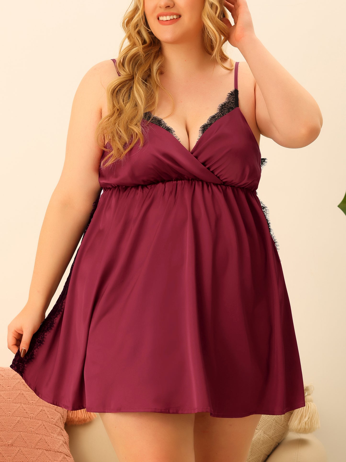 Women Plus Size Satin Sexy Lace Chemise Nightgown Lingerie Side Slit Sleepwear