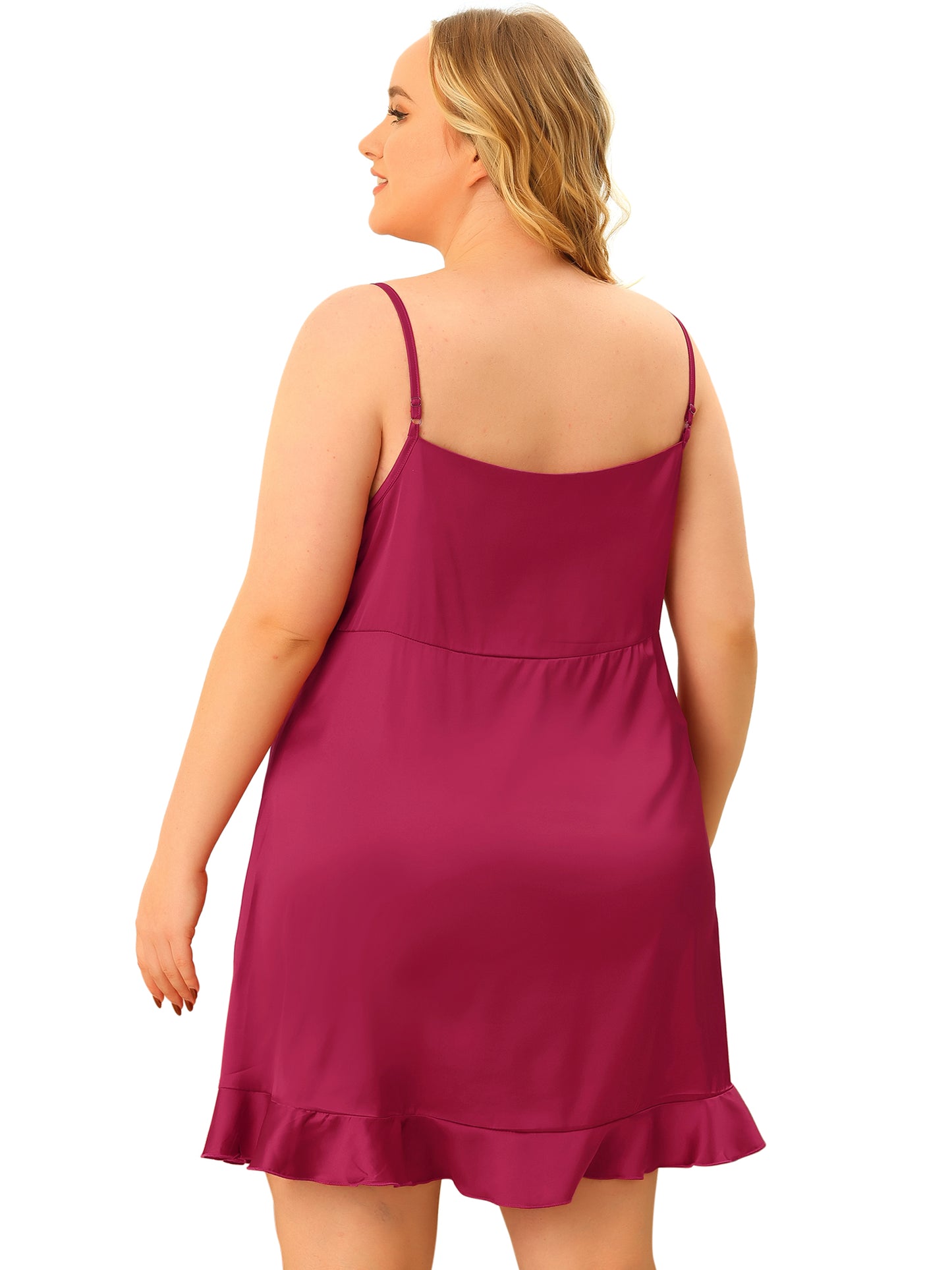 Women Plus Size Nightgown Satin Sexy Lingerie V-Neck Sleeveless Ruffle Trim Cami Dress Sleepwear