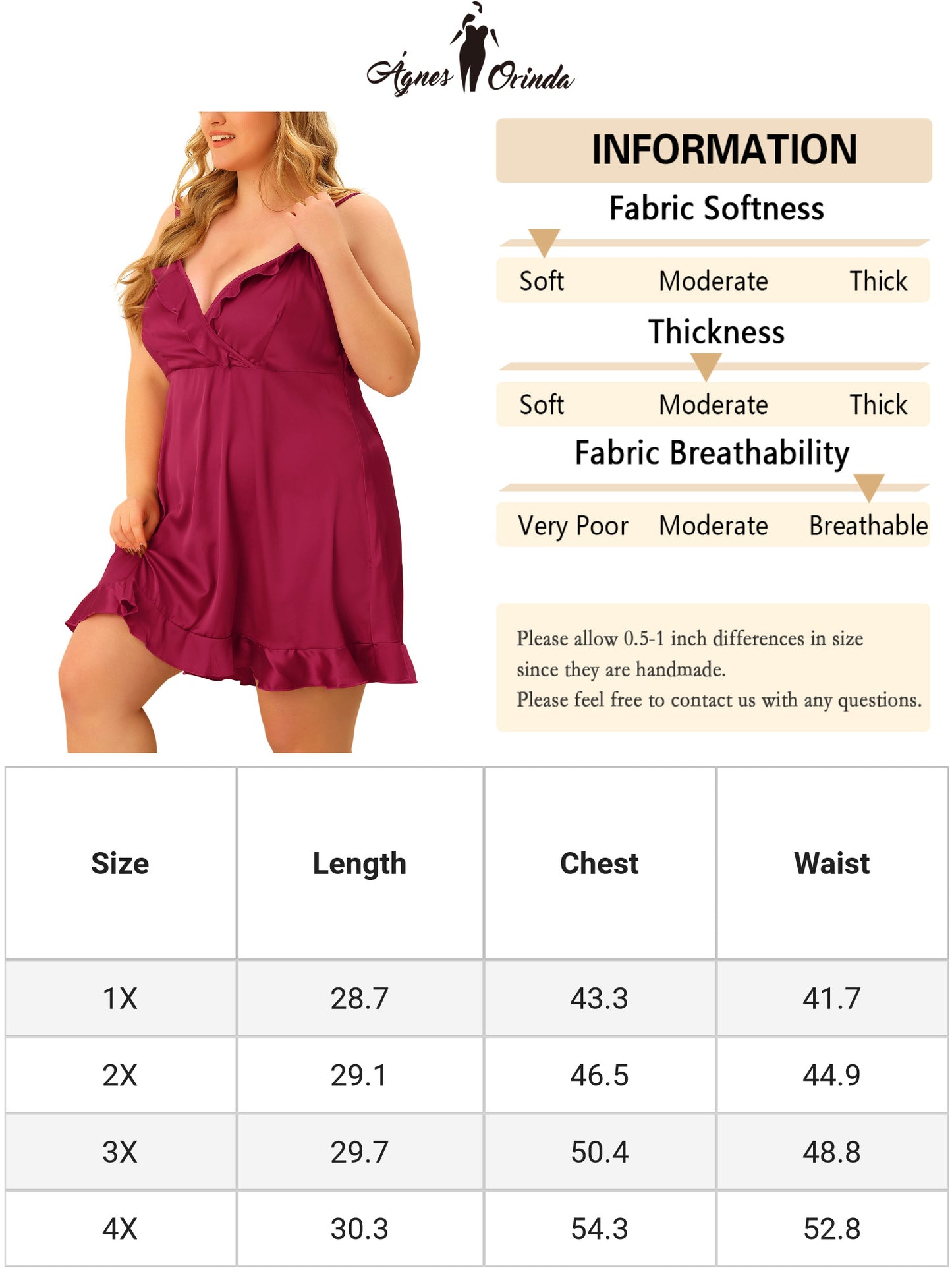 Women Plus Size Nightgown Satin Sexy Lingerie V-Neck Sleeveless Ruffle Trim Cami Dress Sleepwear