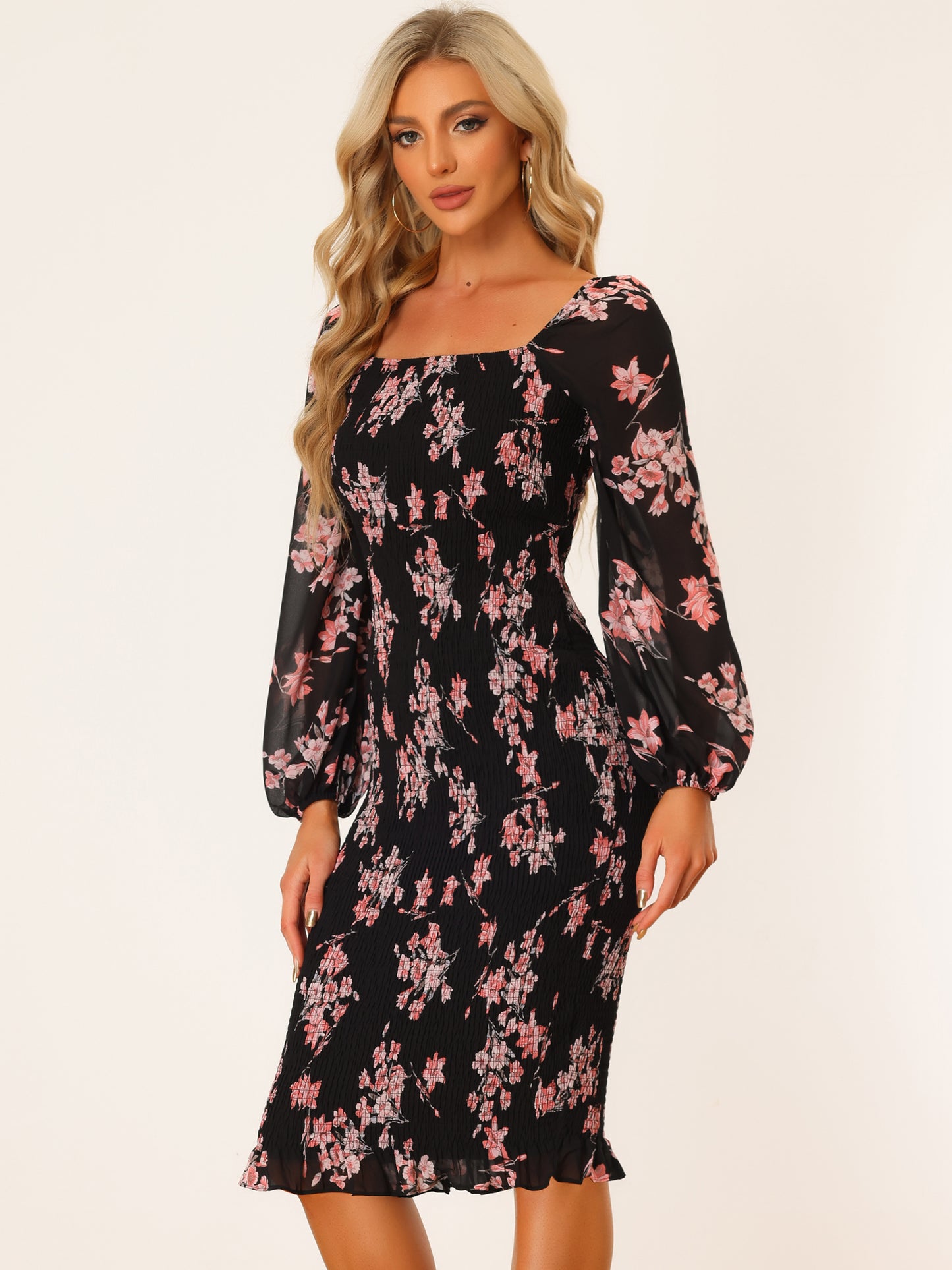 Women's Floral Dresses Mermaid Square Neck Ruffle Puff Sleeve Smocked Bodycon Dress