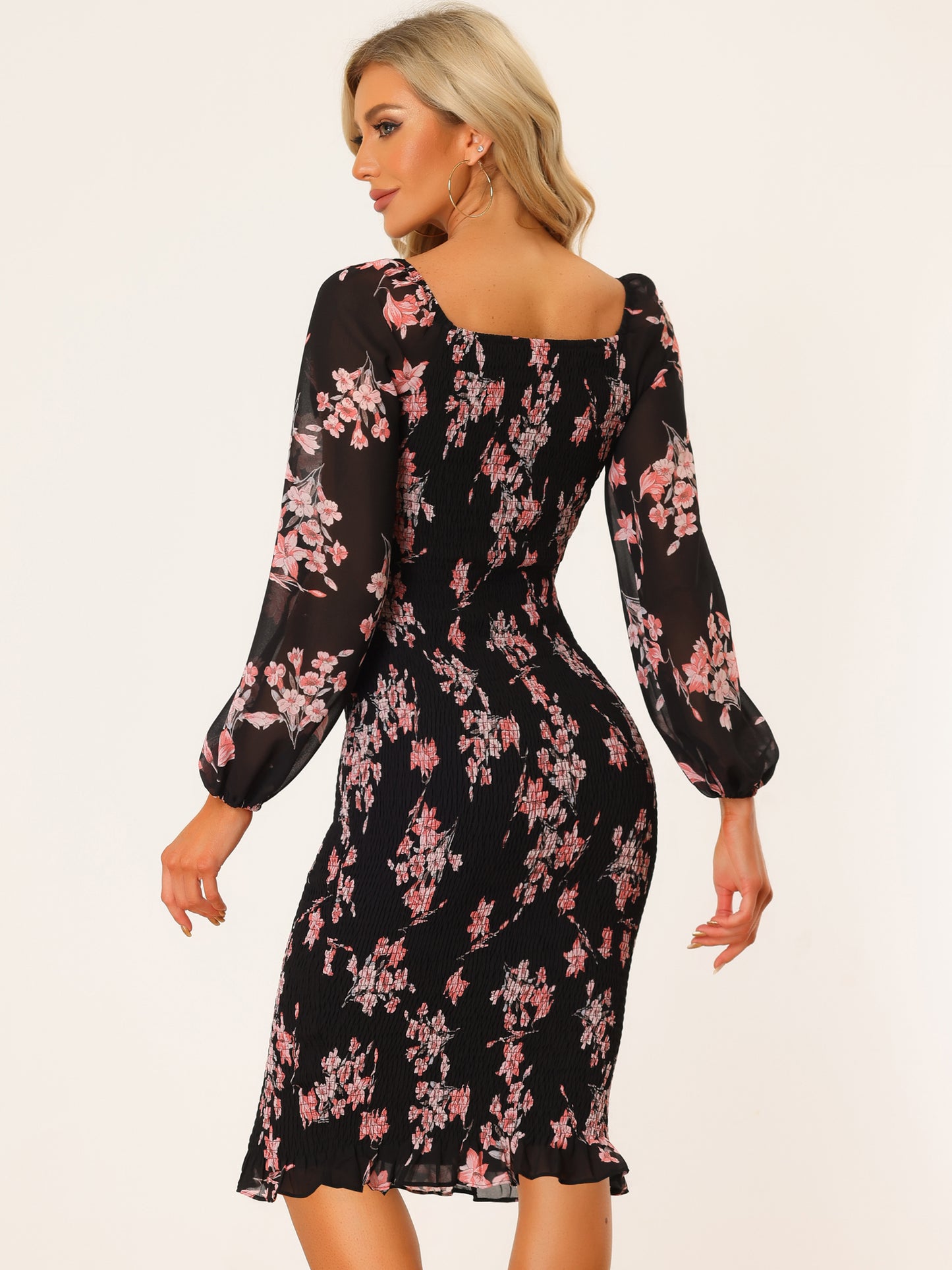 Women's Floral Dresses Mermaid Square Neck Ruffle Puff Sleeve Smocked Bodycon Dress