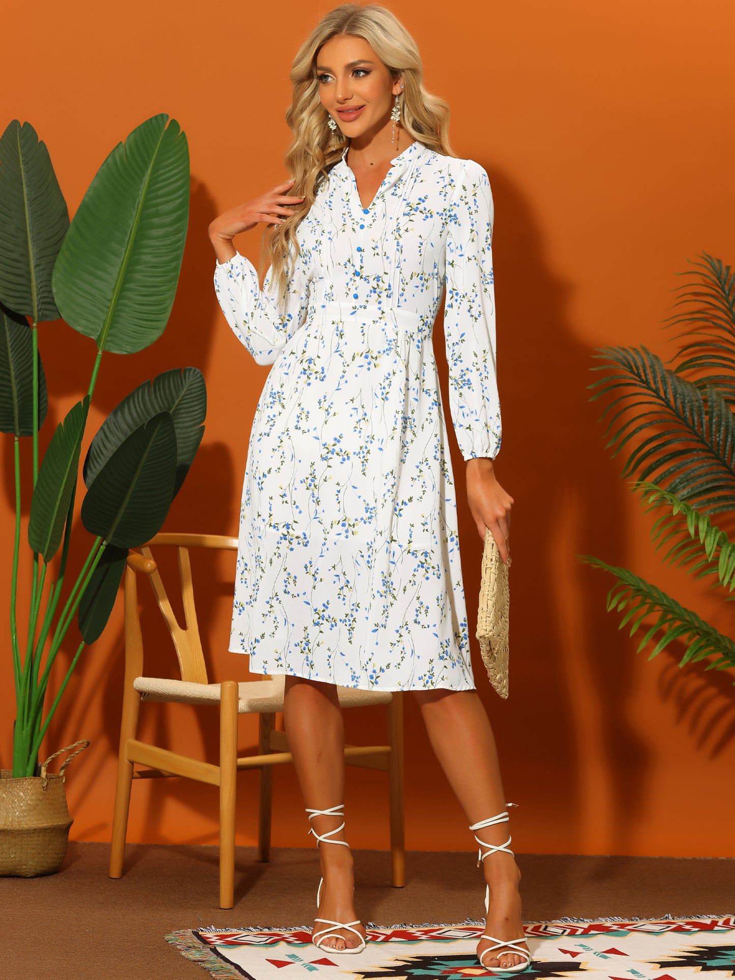 Women's Floral Print V Neck Long Sleeve High Waist Pleated Front Spring Flowy Midi Boho Dress