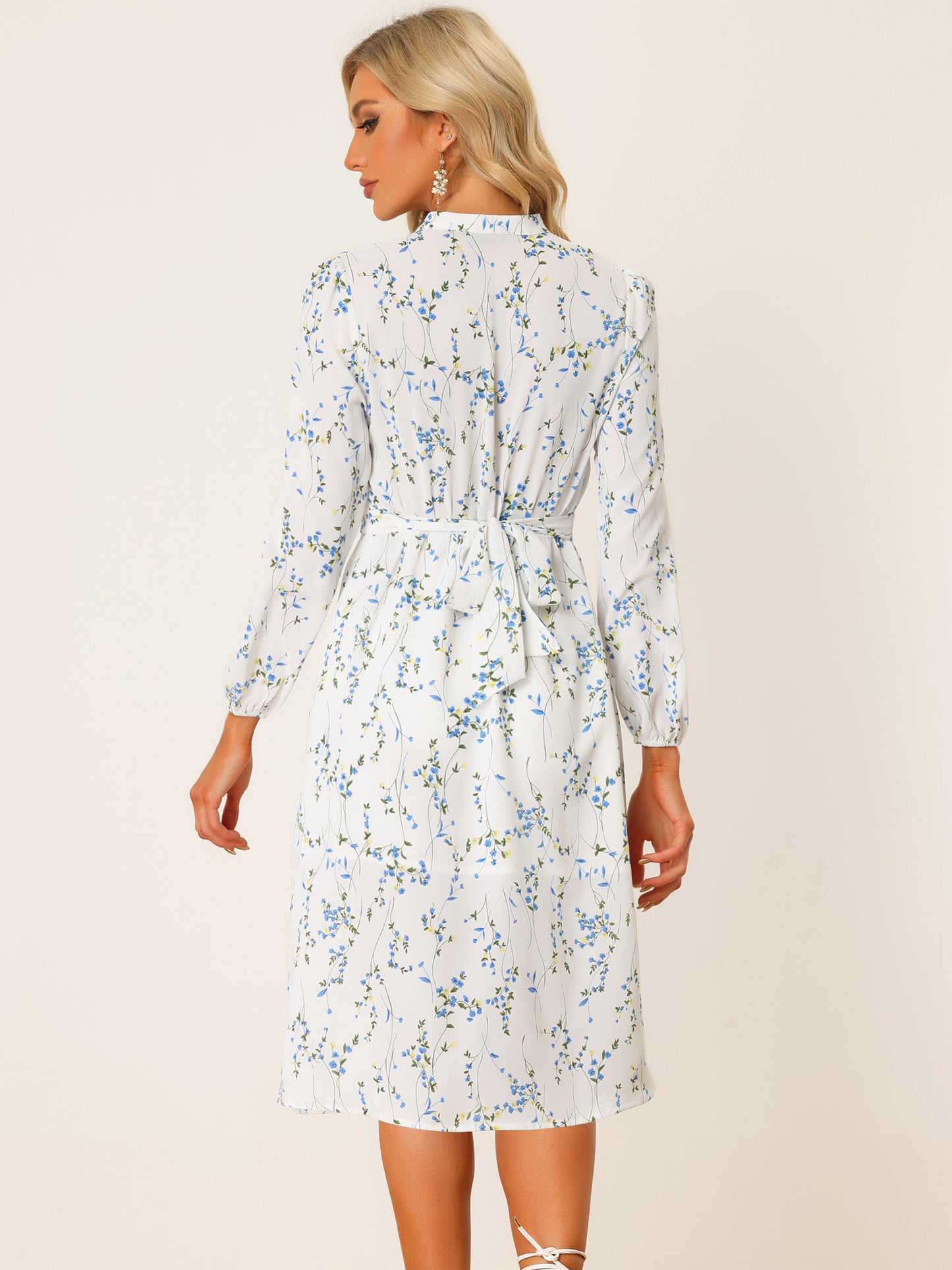 Women's Floral Print V Neck Long Sleeve High Waist Pleated Front Spring Flowy Midi Boho Dress