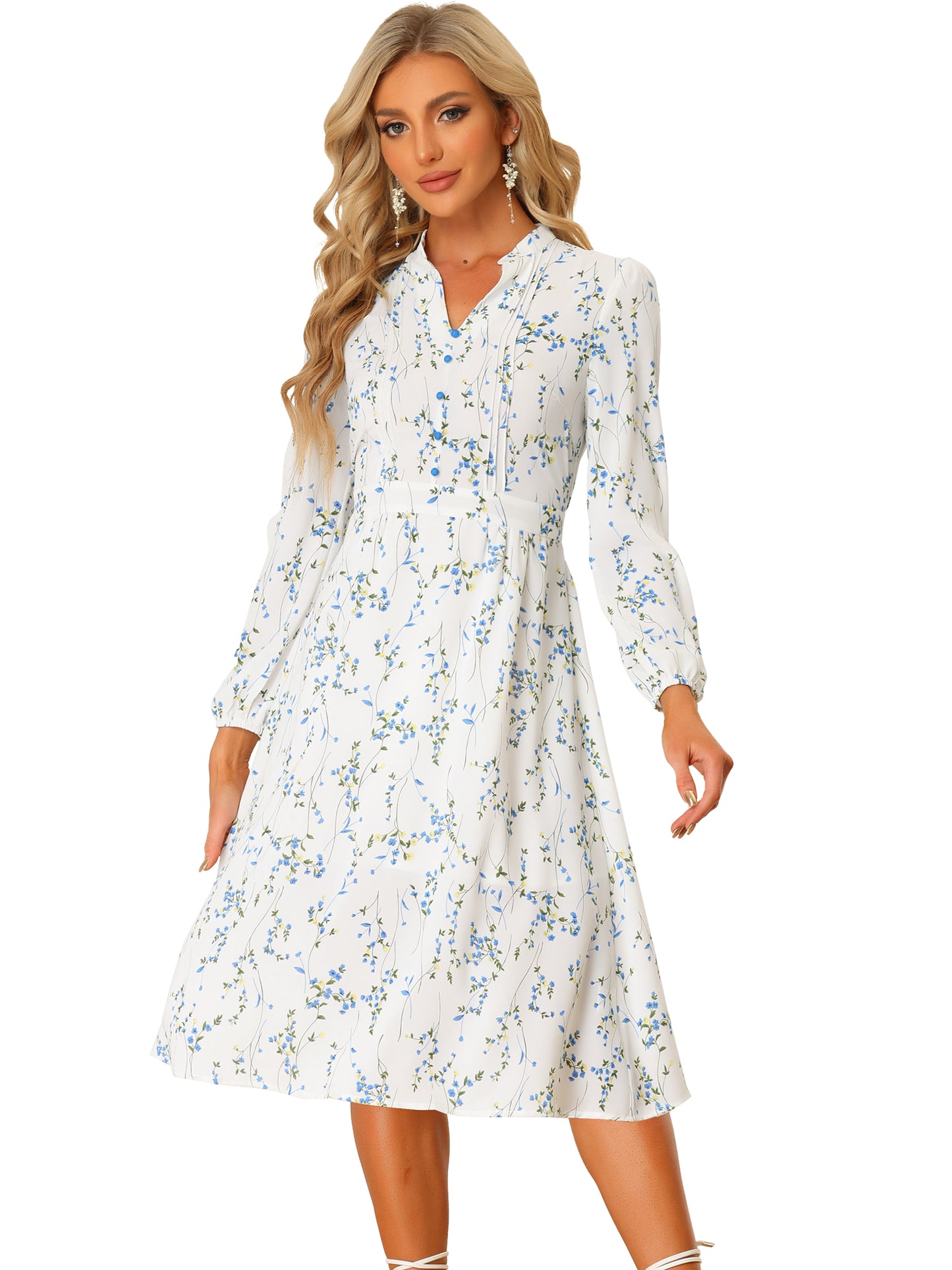 Women's Floral Print V Neck Long Sleeve High Waist Pleated Front Spring Flowy Midi Boho Dress