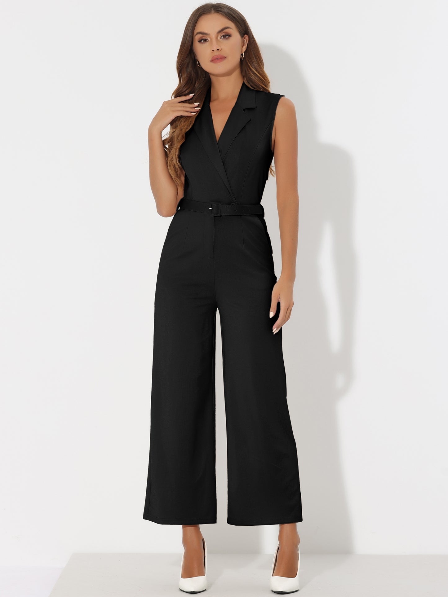 Womens' Sleeveless V Neck Button Front Jumpsuits Long Leg with Pocket Belted