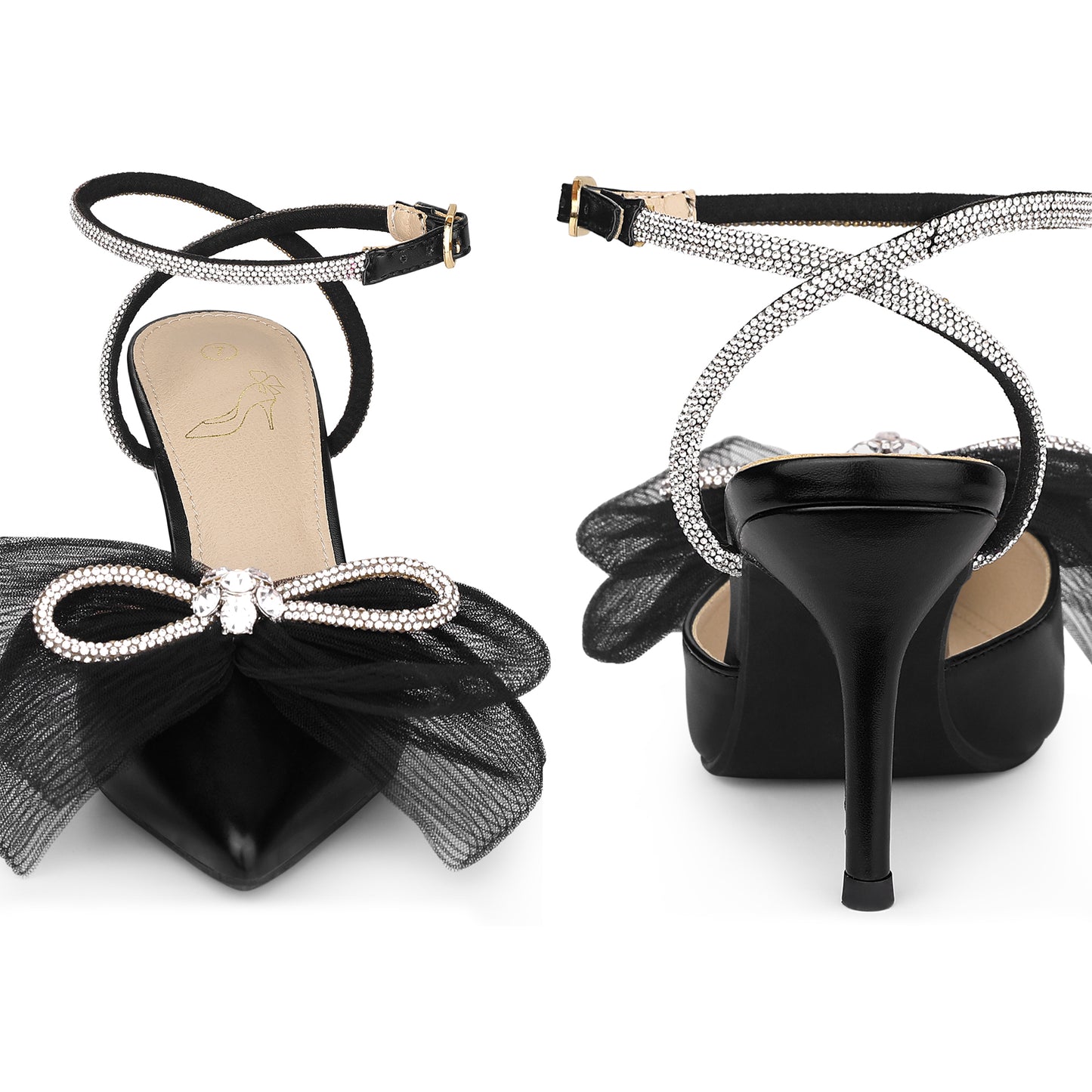 Zapatos de tacón de aguja con tiras y lazo de malla con diamantes de imitación para mujer